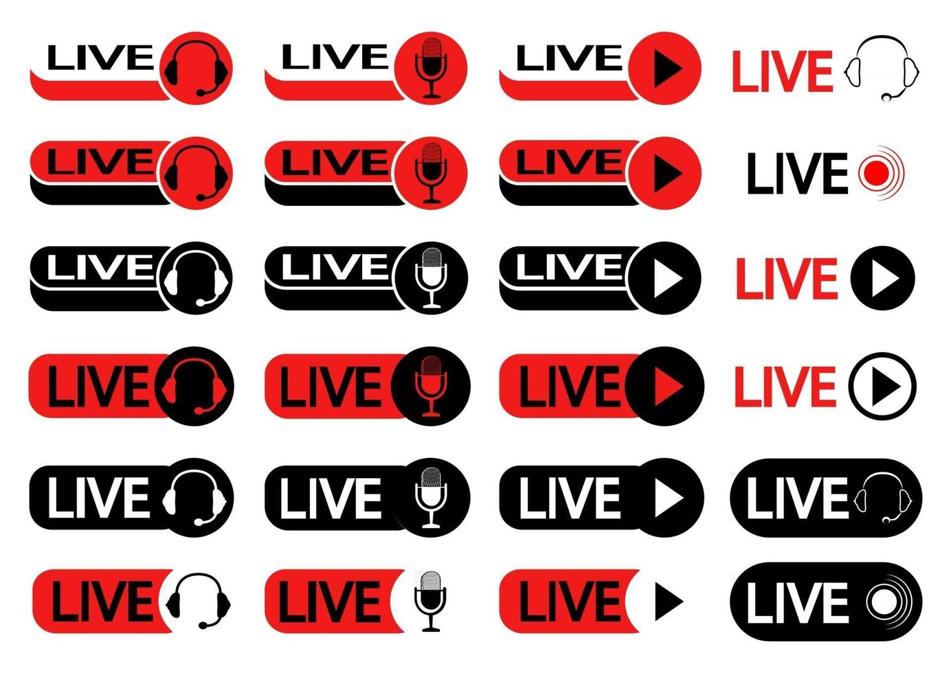 set knoppen voor live streaming. set symbolen voor live streaming, omroep, online stream in zwarte en rode kleur. pictogrammen met koptelefoon, microfoon en speelsymbool voor online uitzending vector