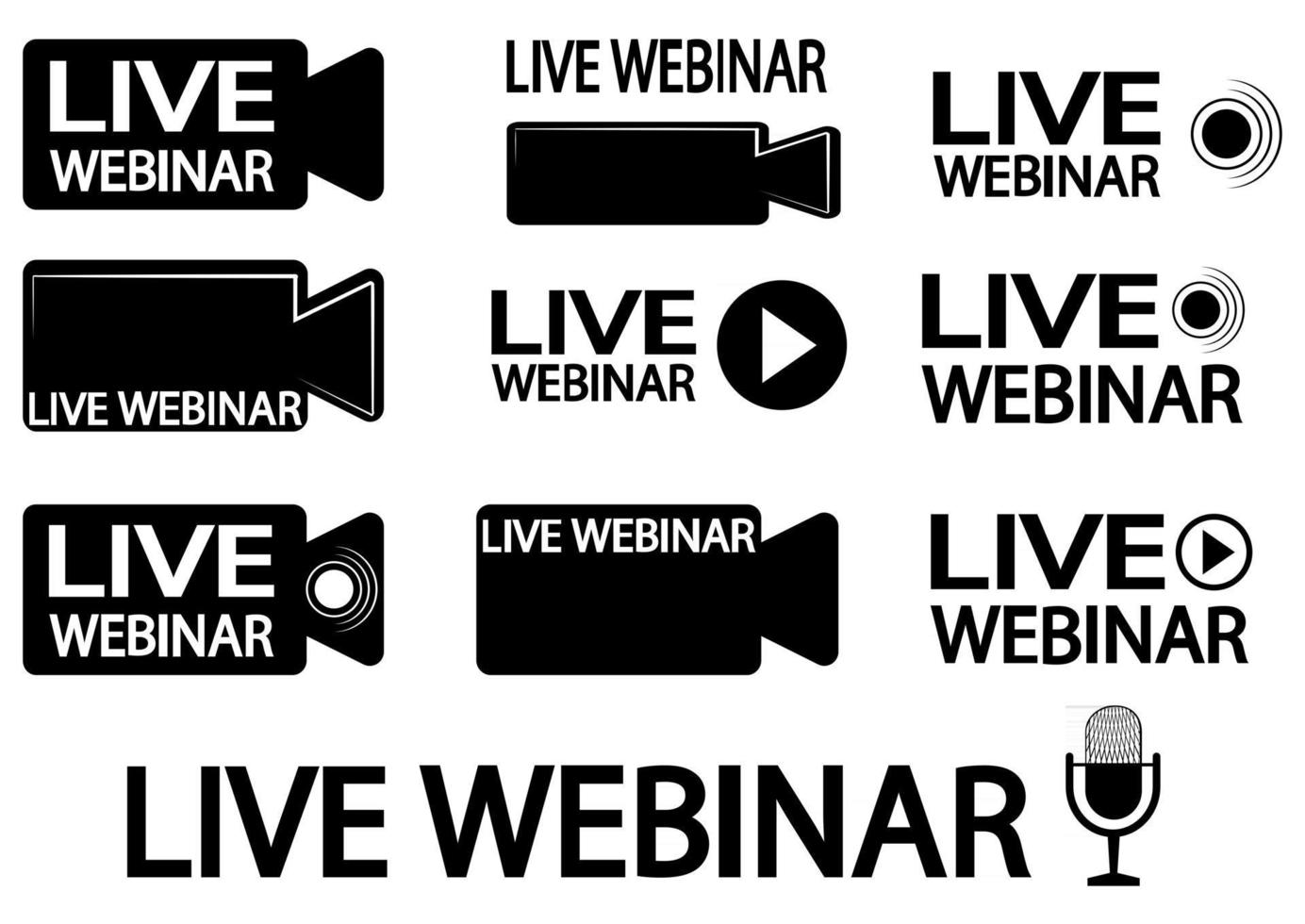 live webinar-knop. set zwarte symbolen en knoppen van live streaming, omroep, online stream. webinar pictogrammen met wideo camera en microfoon, geïsoleerd op een witte achtergrond vector