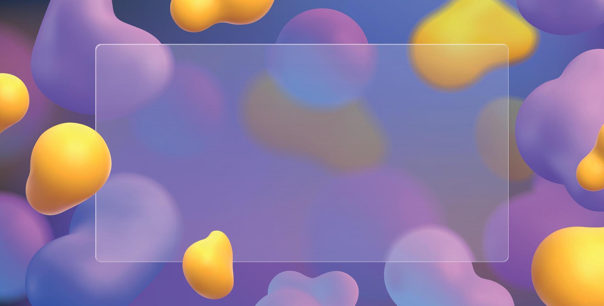 3d glasmorfisme achtergrond sjabloon met vervagen vloeistof kleurrijk klodders. transparant glas morfisme banier met abstract vormen vector ontwerp