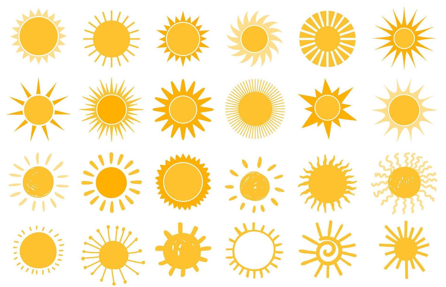 tekenfilm zon icoon. vlak en hand- getrokken zomer symbolen. zonneschijn vorm logo. ochtend- zon silhouetten en zonnig dag weer elementen vector reeks