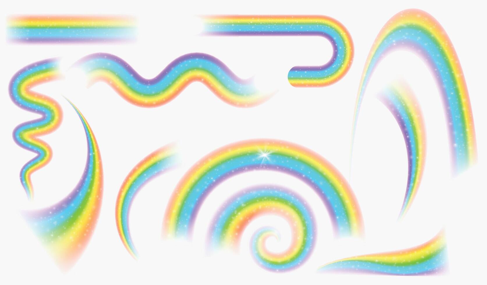 realistisch magie regenboog golven met sterren en fonkeling effect. fantasie mooi zo geluk regen boog. regenboog gekleurde vorm geven aan, kromme en spiraal vector reeks