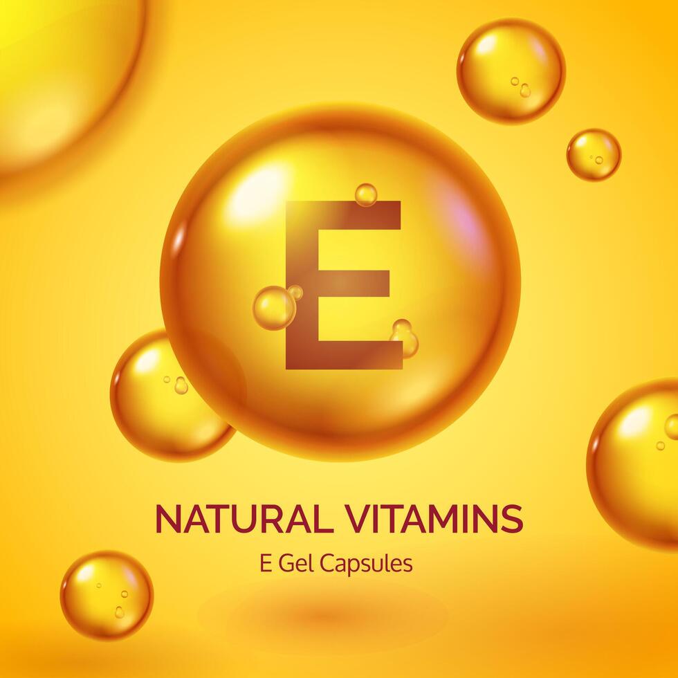 capsule met vitamine e. realistisch goud pil. kunstmatig huid zorg Product poster met olie druppels en bubbels. schoonheid en Gezondheid vector concept