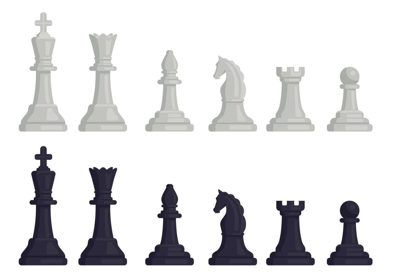 tekenfilm zwart en wit schaak stukken pictogrammen. vlak schaakstukken, koningin en koning, paard, toren, bisschop en pion. strategie spel figuren vector reeks
