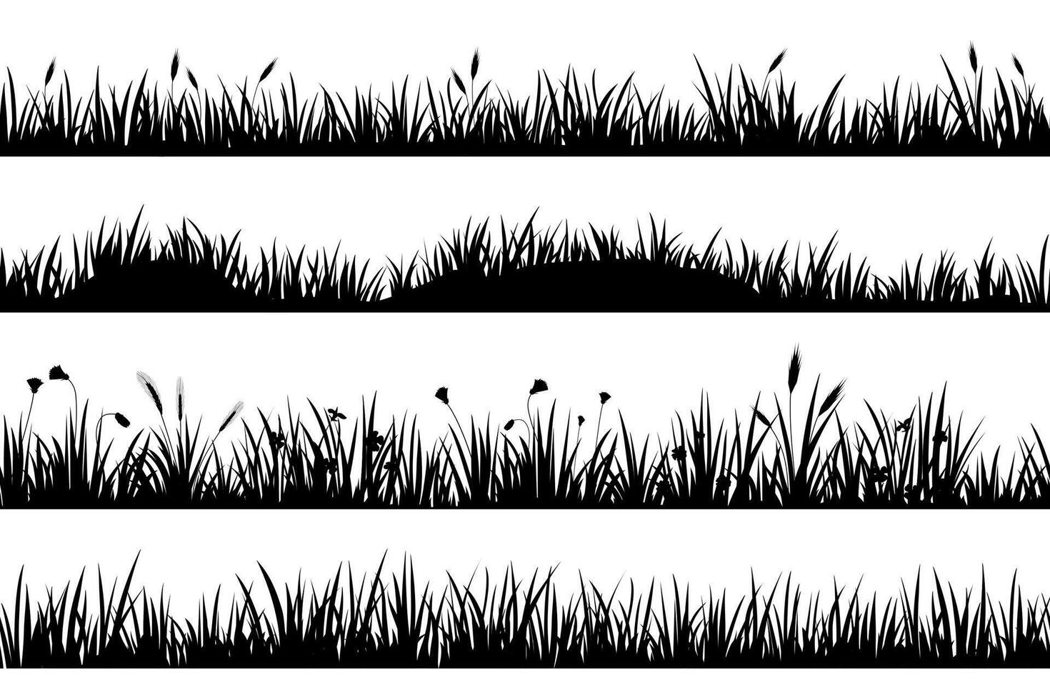 weide gras met bloemen en aartjes, zwart silhouetten verdelers. grasland veld- met plukjes. gazon gras horizontaal borders vector reeks