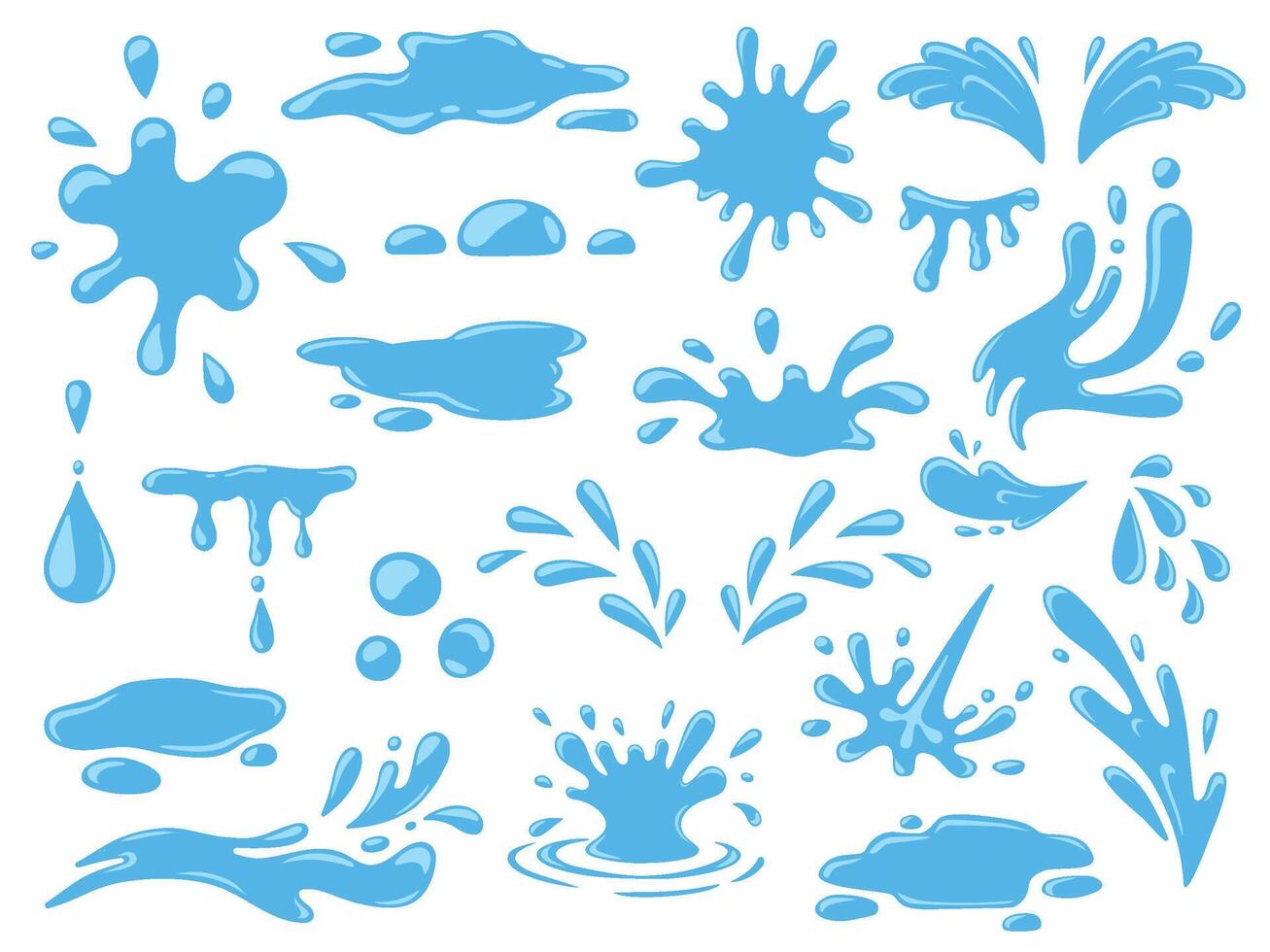 tekenfilm water spatten, vallend regen druppels, golven en morsen. vers aqua stroom, plassen en spatten. natuur blauw vloeistof het formulier pictogrammen vector reeks