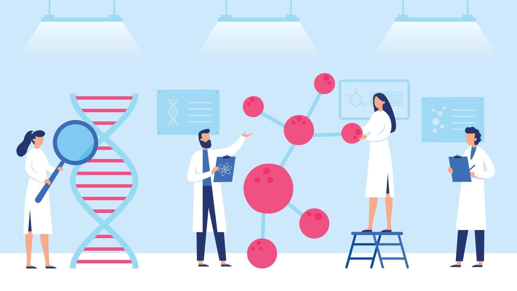 professioneel wetenschappelijk Onderzoek. wetenschappers werken met dna analyse. genetisch bouwkunde medewerkers controle dna vector