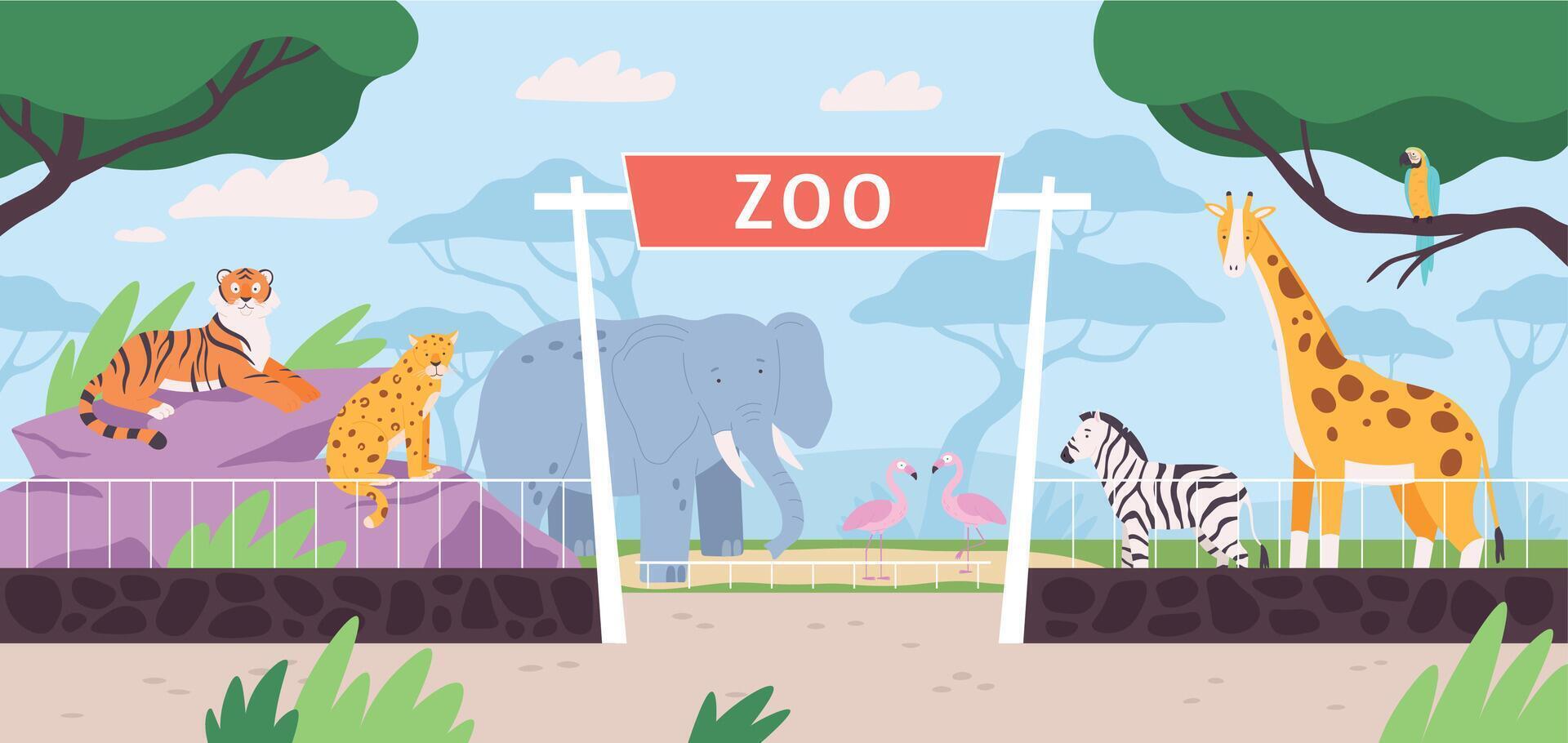 tekenfilm dierentuin park Ingang poort met savanne en oerwoud dieren. vlak safari landschap met zebra, Afrikaanse olifant en giraffe vector tafereel