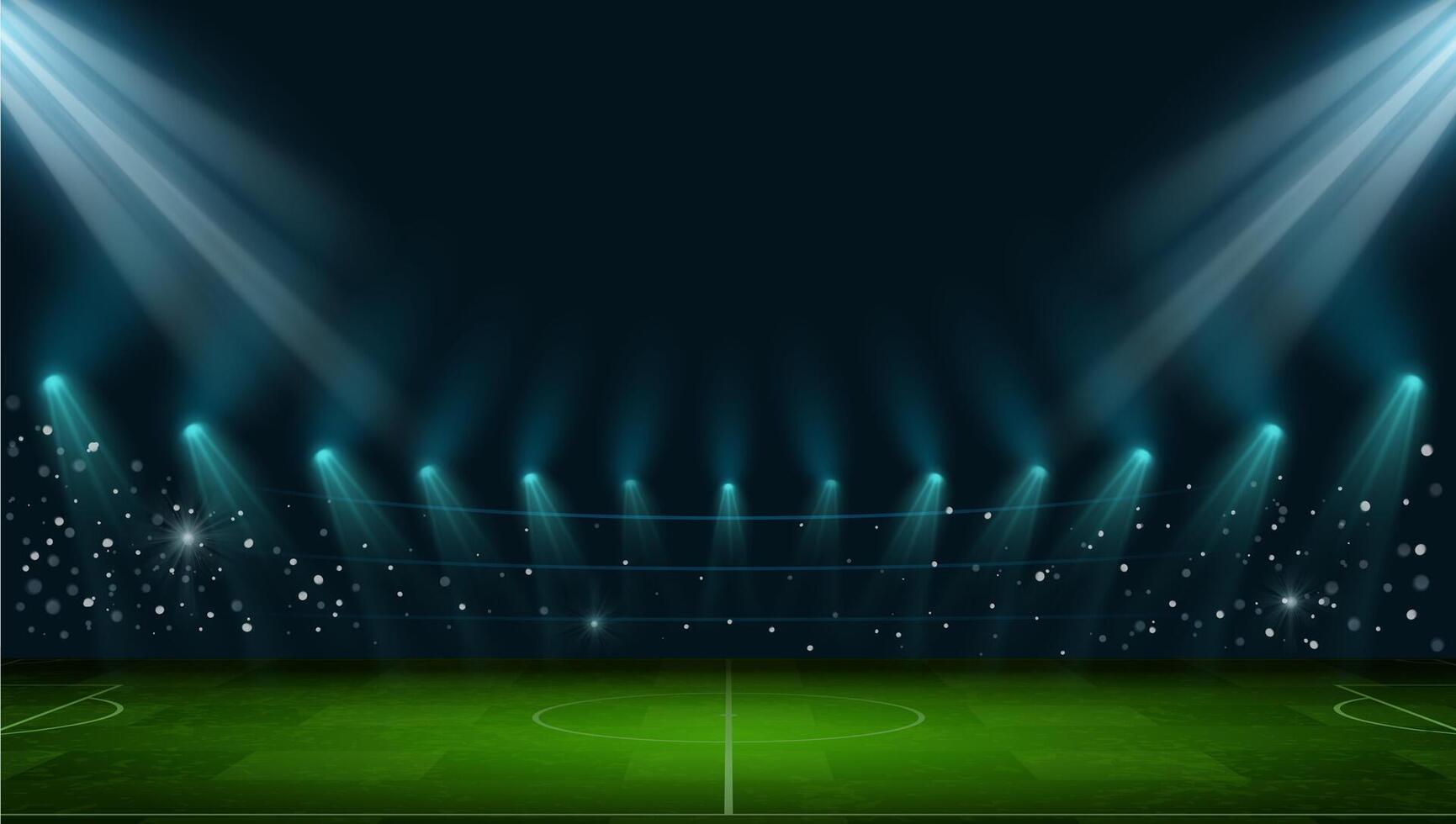 voetbal arena. realistisch Europese Amerikaans voetbal stadion met gras veld, lichten en schijnwerpers. 3d bal sport spel speelplaats vector nacht tafereel