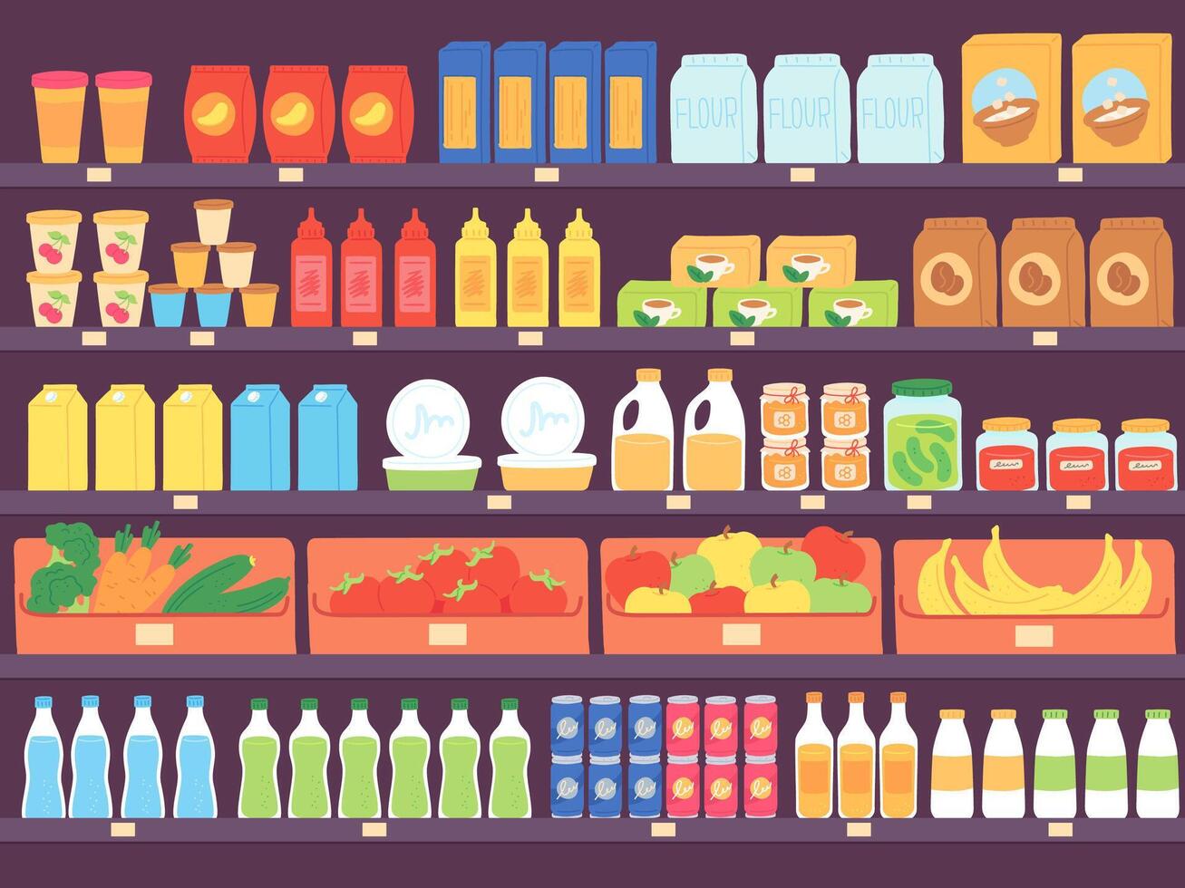 supermarkt schappen met voedsel producten. kruidenier op te slaan plank met assortiment, pasta, dagboek, meel, fruit en drankjes. markt vector concept
