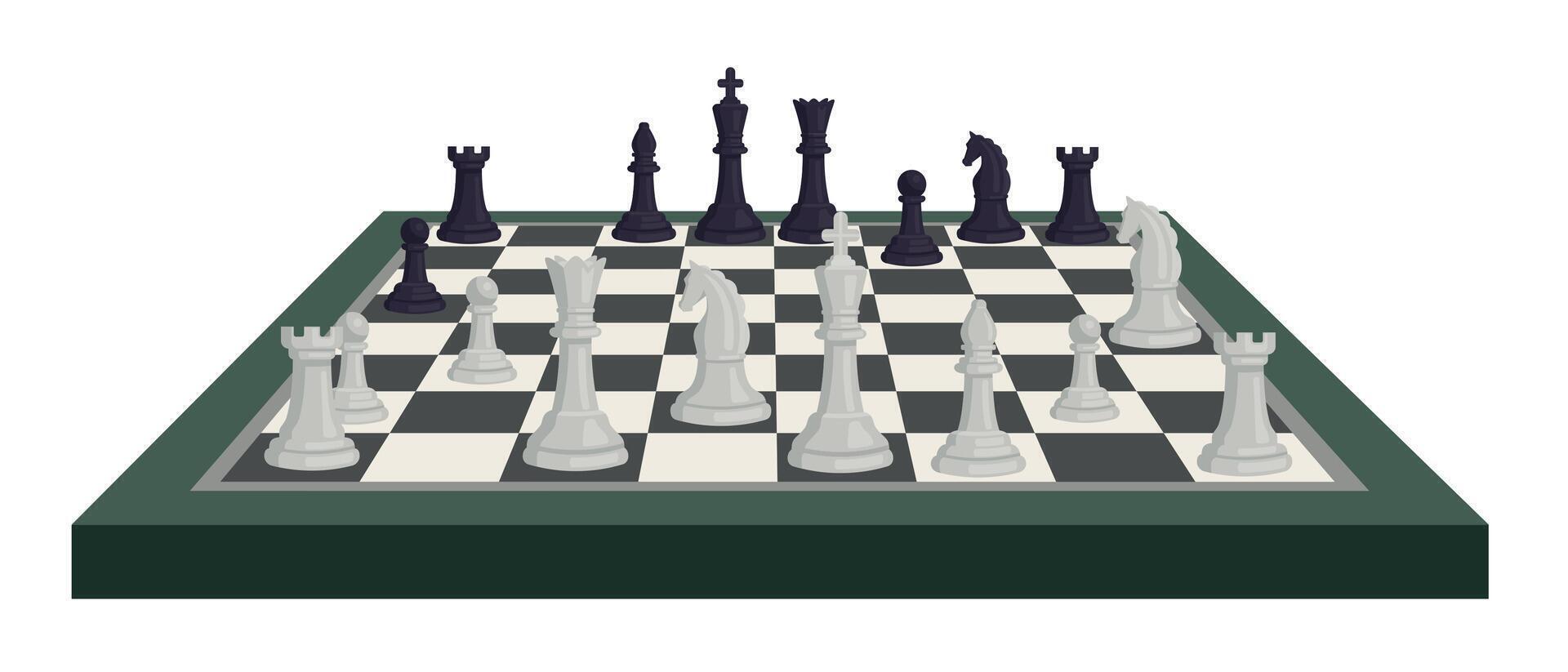 tekenfilm schaakbord met schaak stukken, strategie spel toernooi. schaakstukken figuren Aan zwart wit geruit bord. logisch spel vector concept