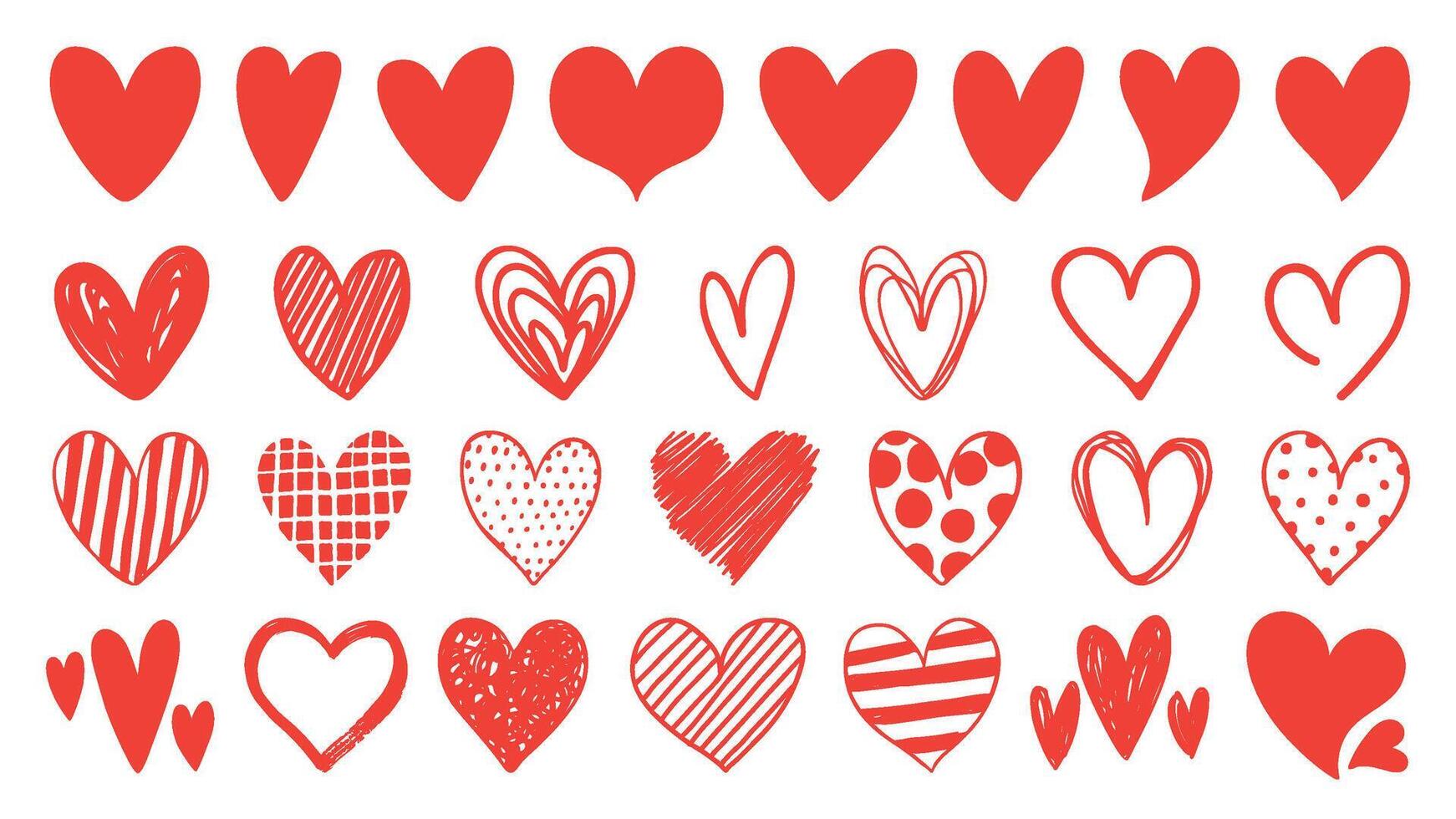 vlak, tekening en schetsen rood hart vorm icoon ontwerpen. abstract romantisch emoji symbool. hand- getrokken bruiloft en Valentijn dag harten vector reeks