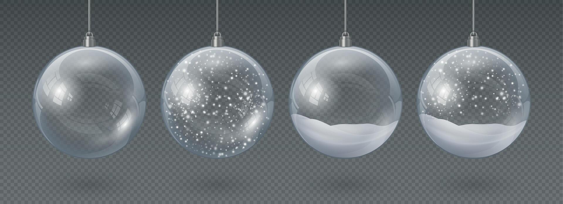 realistisch hangende glas Kerstmis ballen leeg en met sneeuw. 3d Kerstmis boom decoratie, transparant kristal gebied met sneeuwvlokken vector reeks