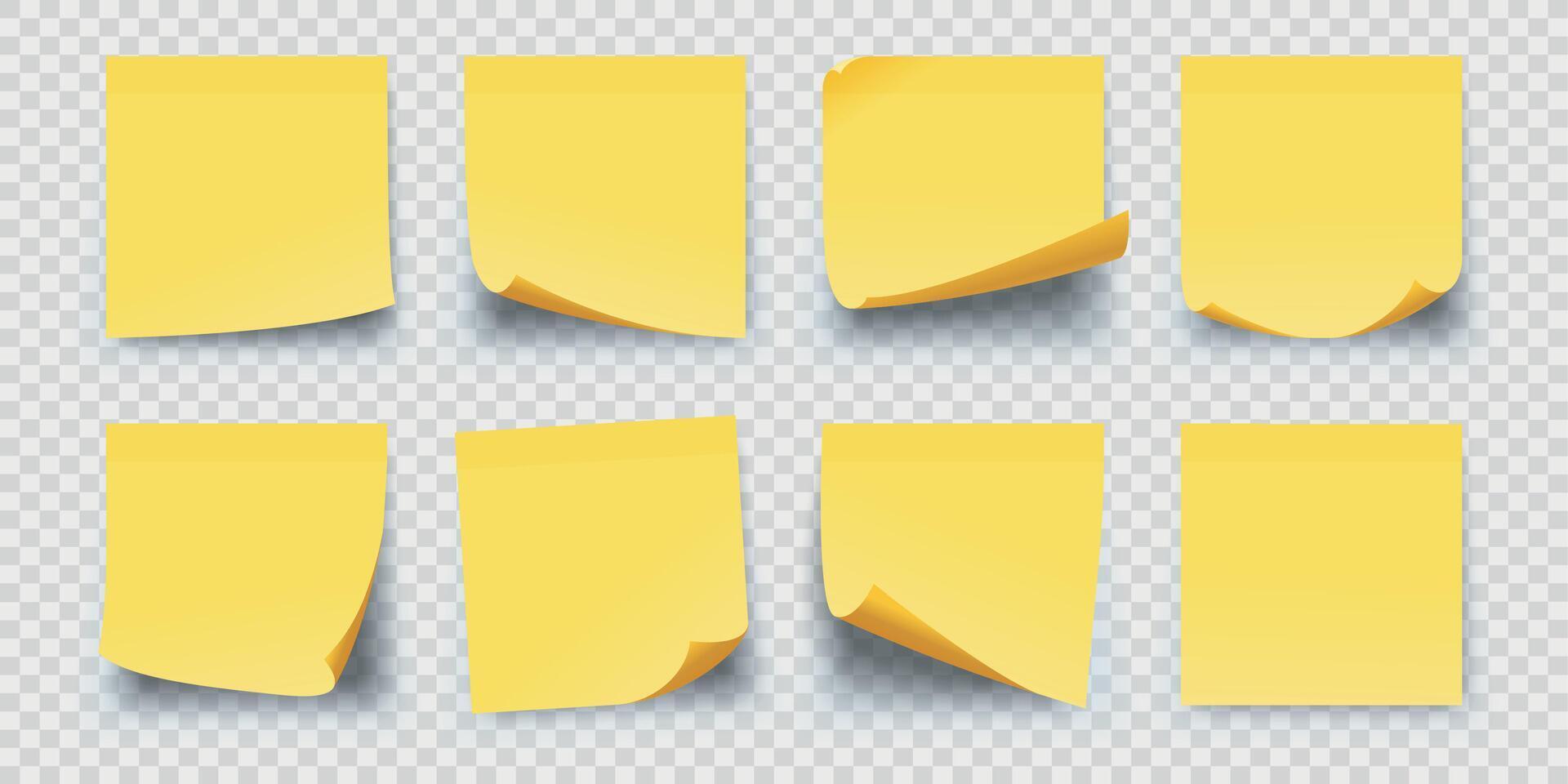 realistisch plein geel papier kleverig memo notities. kantoor herinnering sticker Pagina's met gekruld hoeken. muur kladblok voor krabbels vector reeks