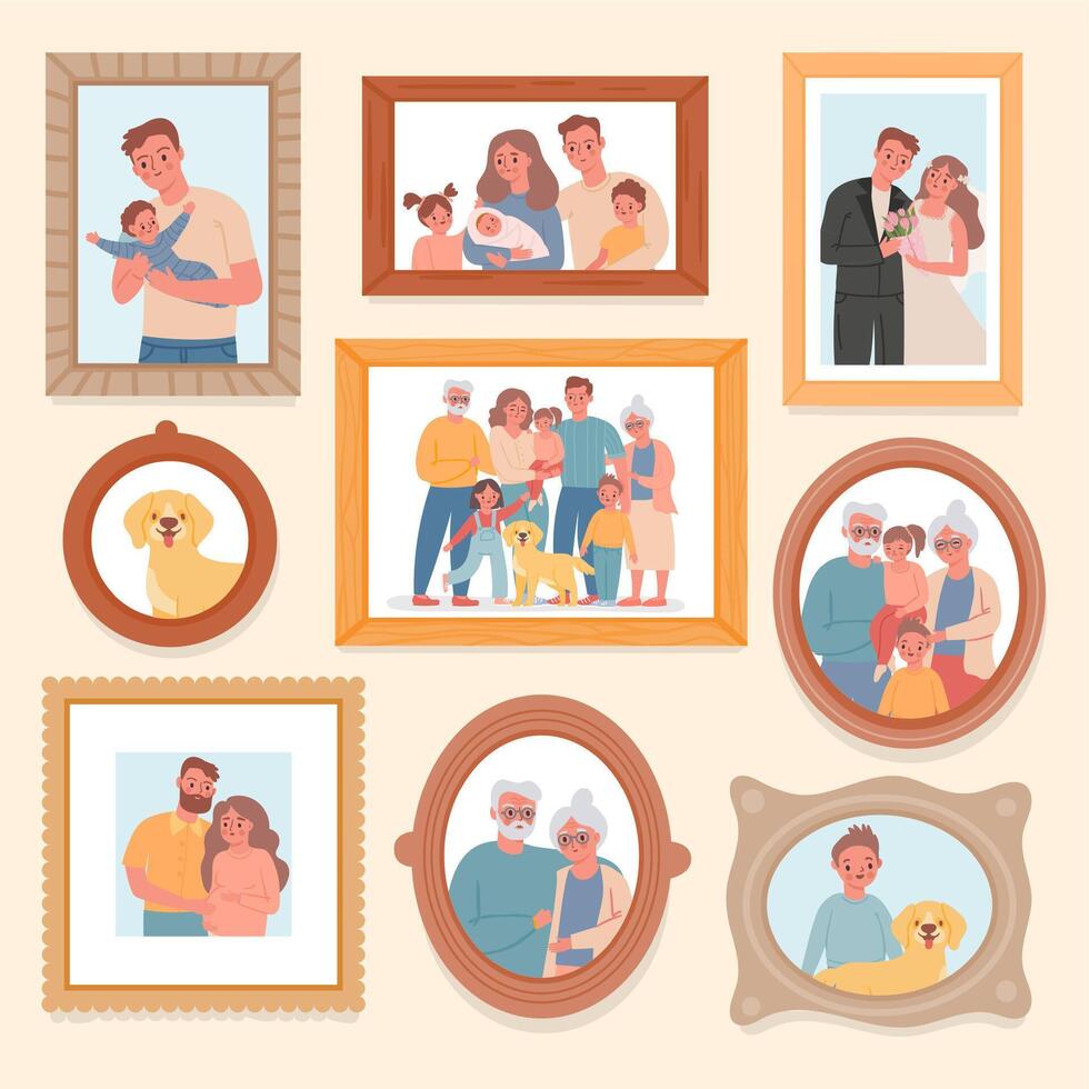 familie foto's. ouders en kinderen portret in kozijnen. geheugen afbeeldingen met bruiloft, grootouders, pasgeboren baby. groot gezinnen vector fotograaf