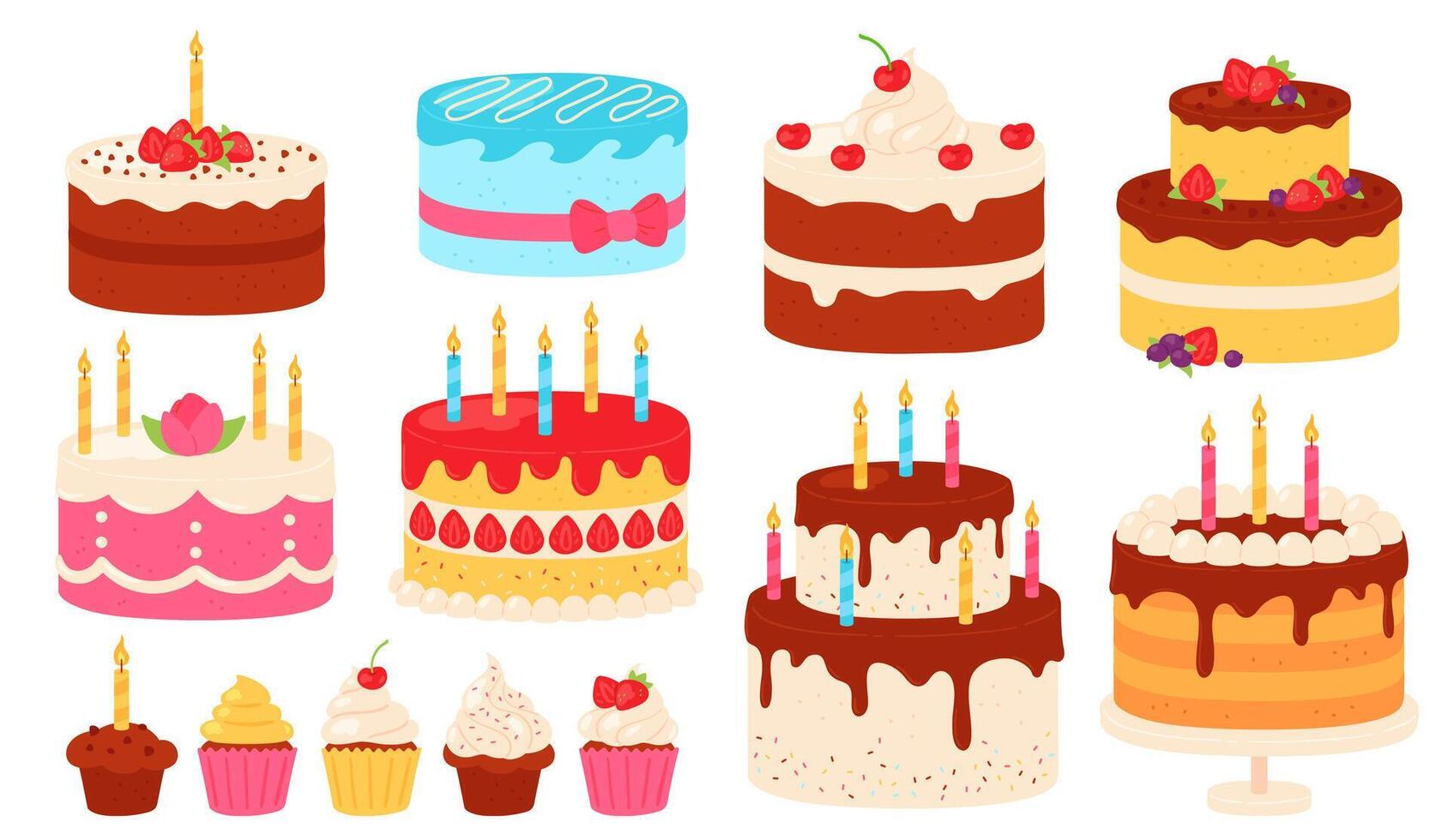 verjaardag taarten. chocola en roze taart met room suikerglazuur en kaarsen. tekenfilm zoet cupcakes voor feest. gelukkig verjaardag toetje vector reeks