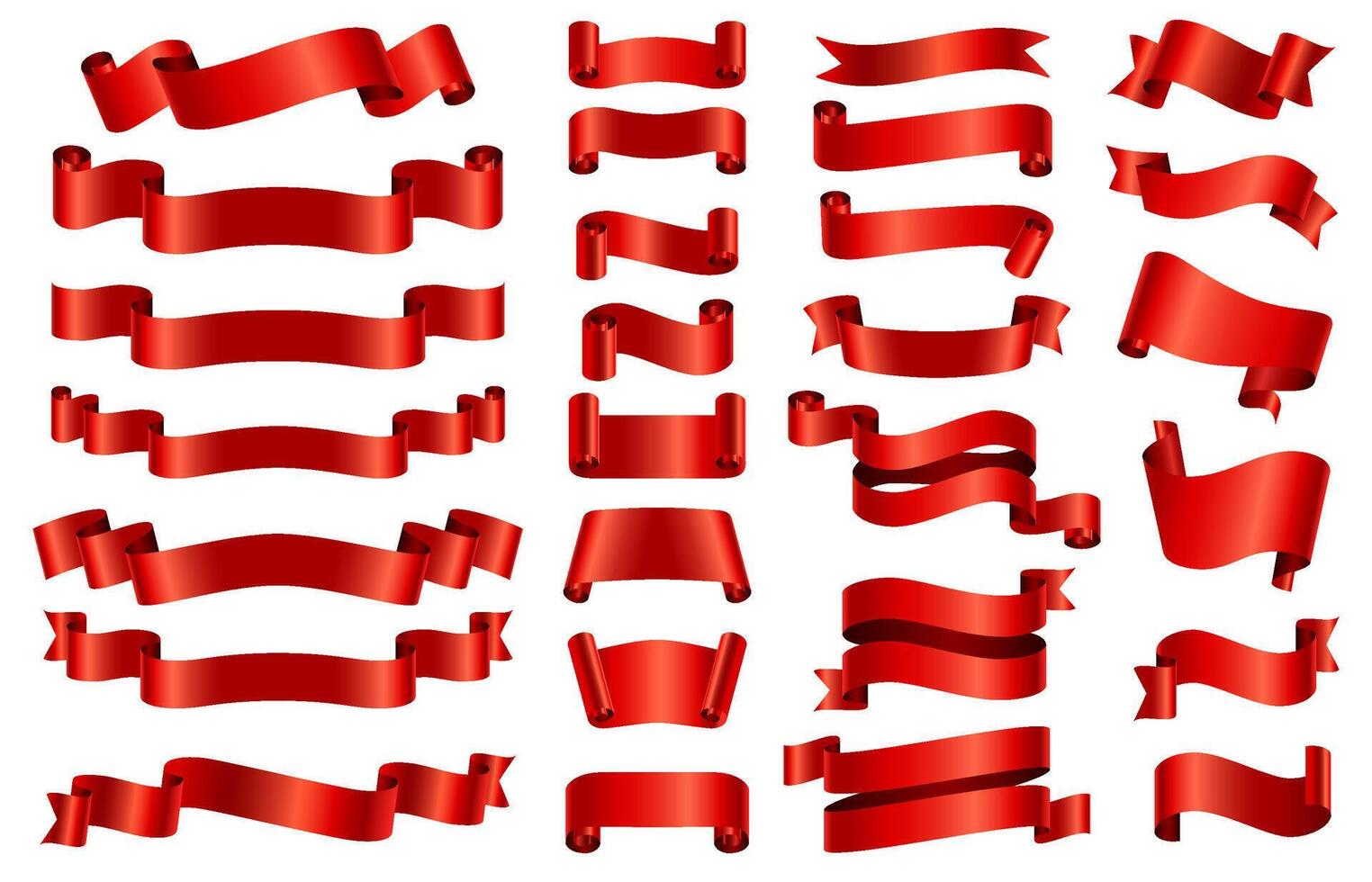 rood zijde lint spandoeken. 3d gebogen en spiraal glanzend linten voor gefeliciteerd, opening, geschenk of feestelijk. satijn decoratief band vector reeks