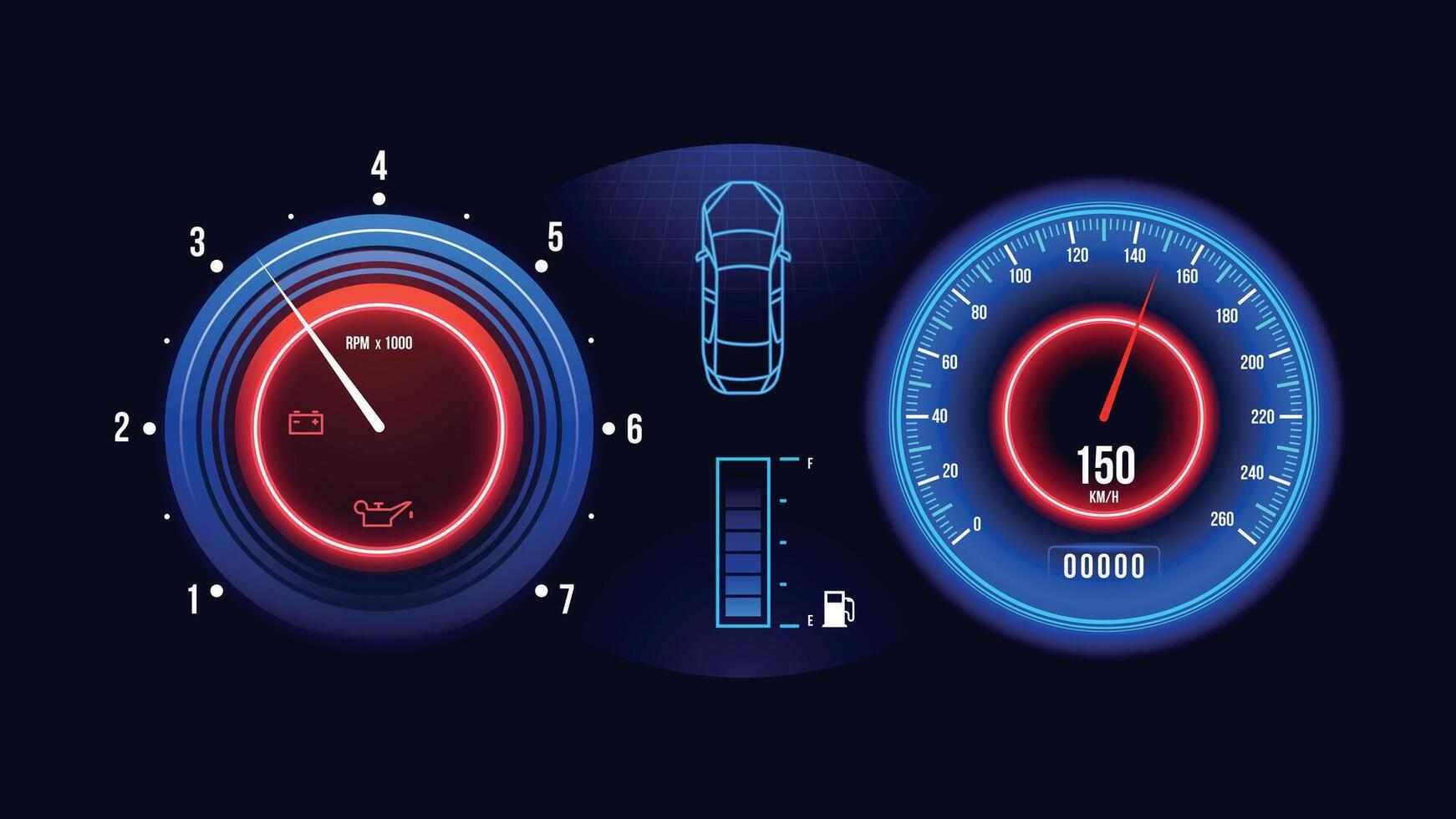 auto dashboard. elektrisch auto- snelheidsmeter kilometerteller en snelheidsmeter meters met brandstof en olie niveau indicatoren. vector illustratie