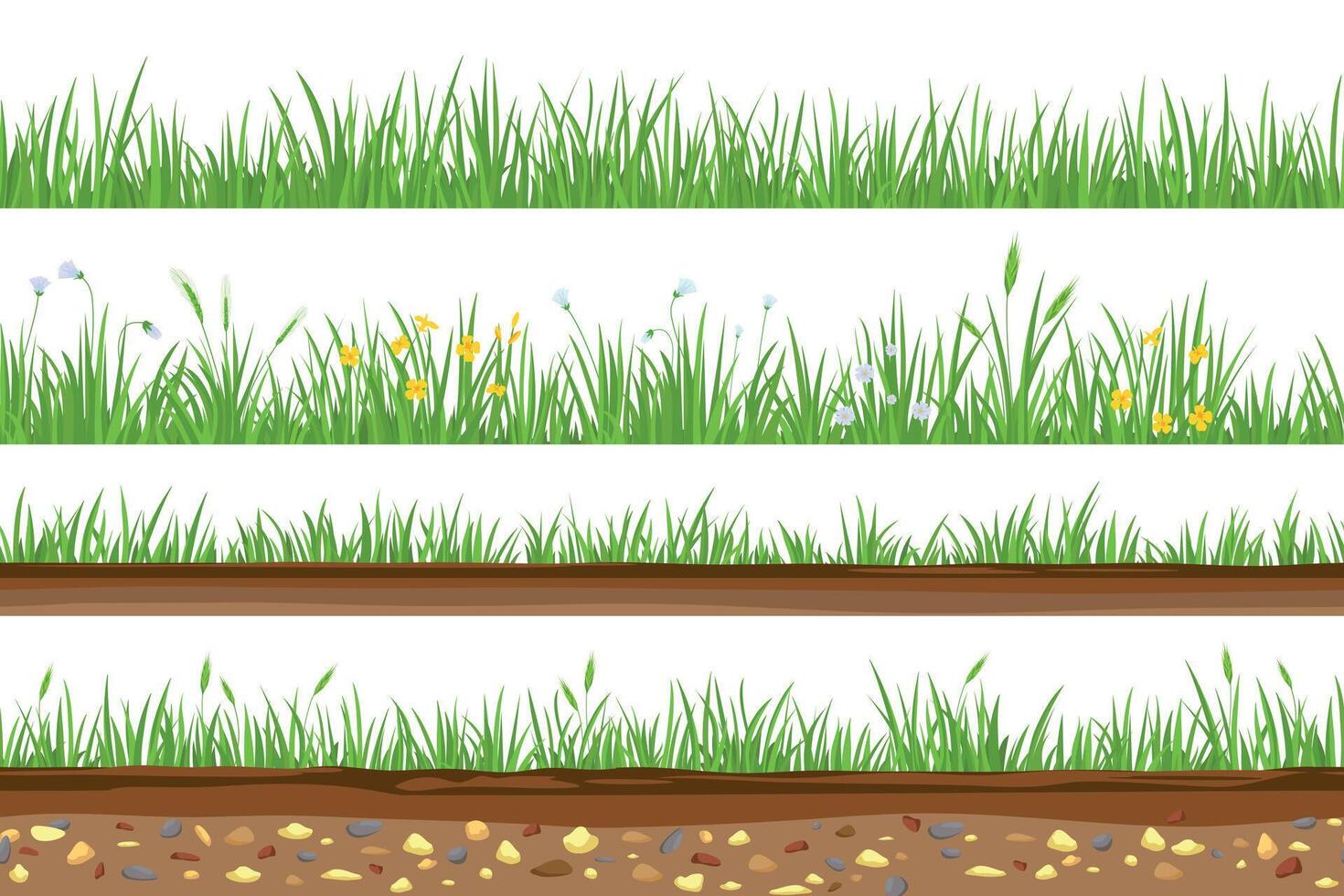 gras met ondergronds bodem laag en rotsen naadloos grenzen. weide veld- met bloemen en oren. grond aarde, land- kruis sectie vector reeks