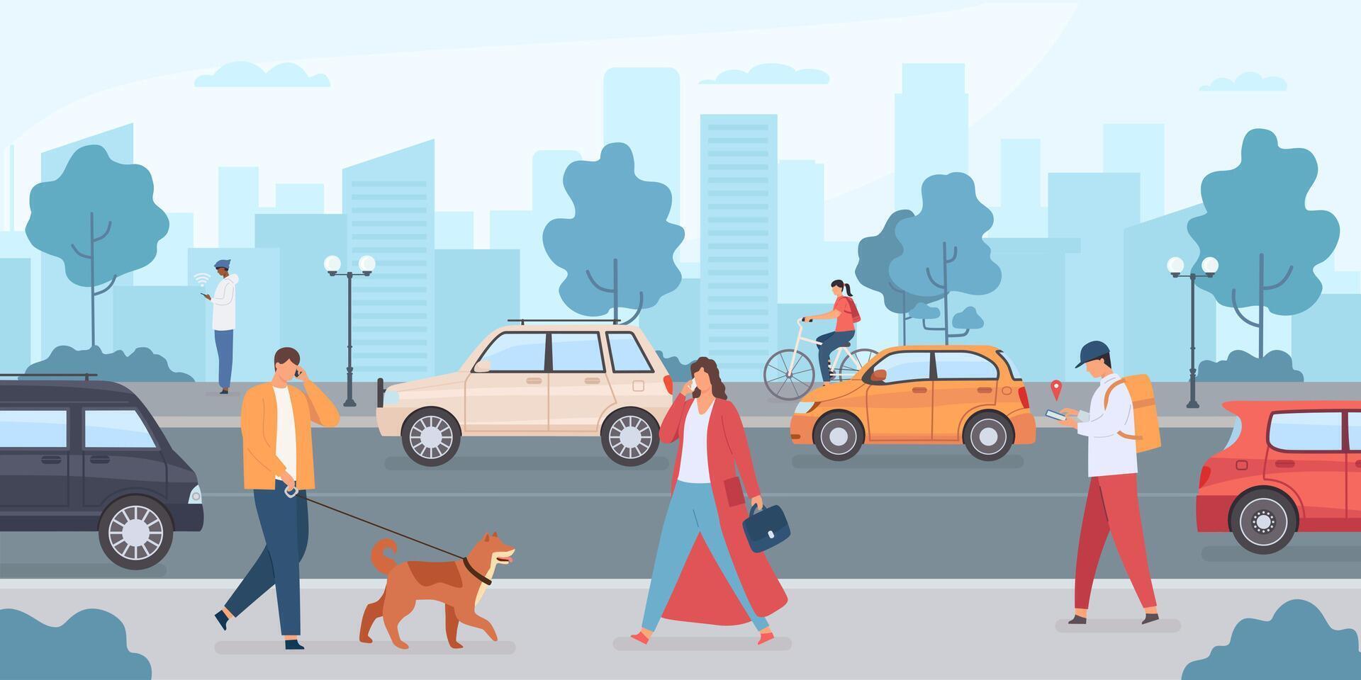 auto's Aan stad weg. mensen wandelen met hond en rijden fiets Aan straat. stedelijk infrastructuur en vervoer verkeer. vlak vector bestuurderloos auto
