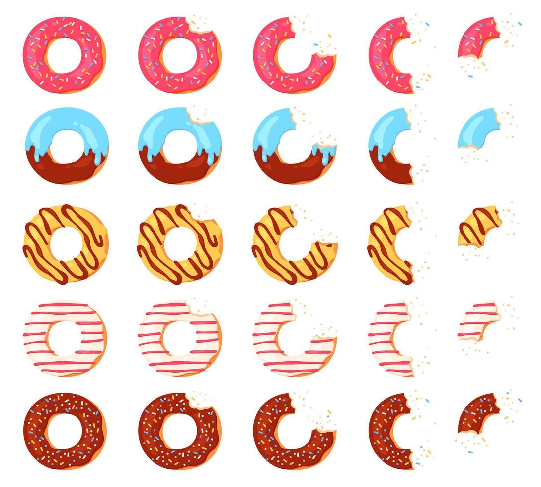 gegeten donut. gebeten chocola donuts, roze suikerglazuur met hagelslag top visie. animatie stadia van aan het eten geglazuurd donut met kruimels, vector reeks