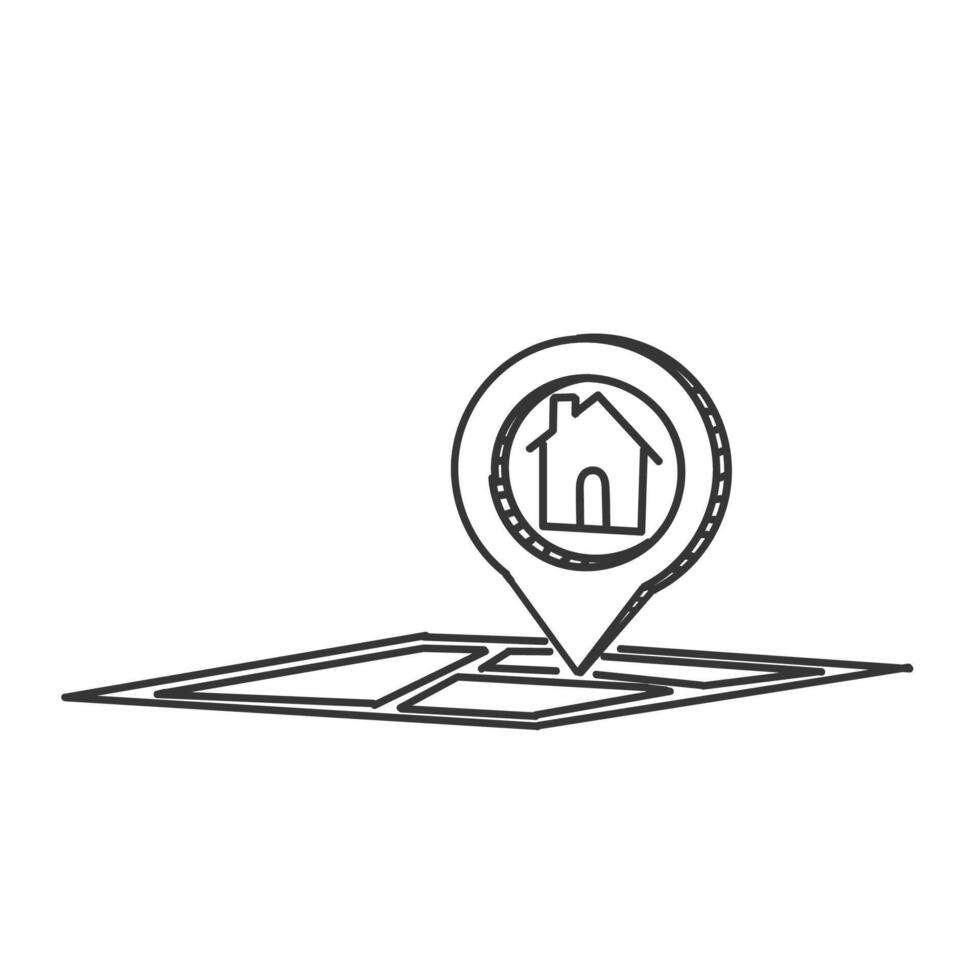 hand- getrokken tekening huis en kaart pin plaats GPS symbool voor huis plaats icoon vector