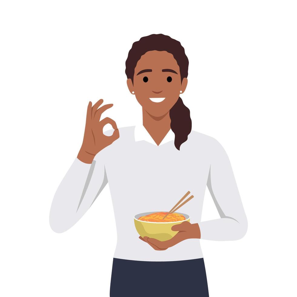 mooi vrouw Holding Japans varkensvlees noodle ramen kom met OK teken. vector