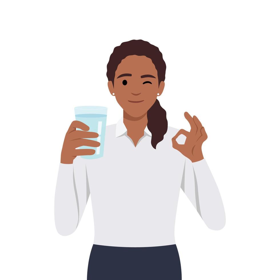 jong vrouw houdt een glas van water in zijn hand- met OK teken en knipoog. de concept van water balans en Gezondheid. vector