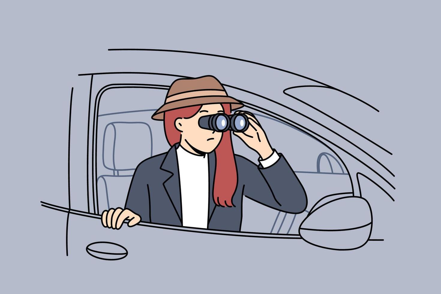 vrouw detective heimelijk spionnen Aan vriend, op zoek uit van auto met kijker in handen vector