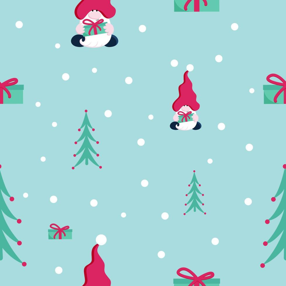 kerst kleine kabouter met boom en geschenken naadloze patroon. vector vlakke afbeelding stijl.