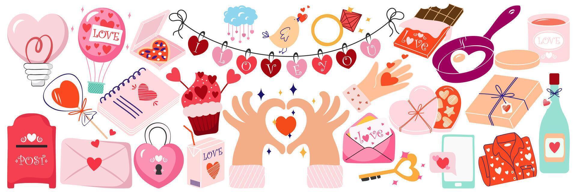groot reeks van romantisch elementen voor Valentijn s dag. harten, snoepgoed, bloemen, cupcakes, geschenken, ijs room en andere schattig artikelen. vector illustraties voor valentijnsdag dag, stickers, groet kaarten.