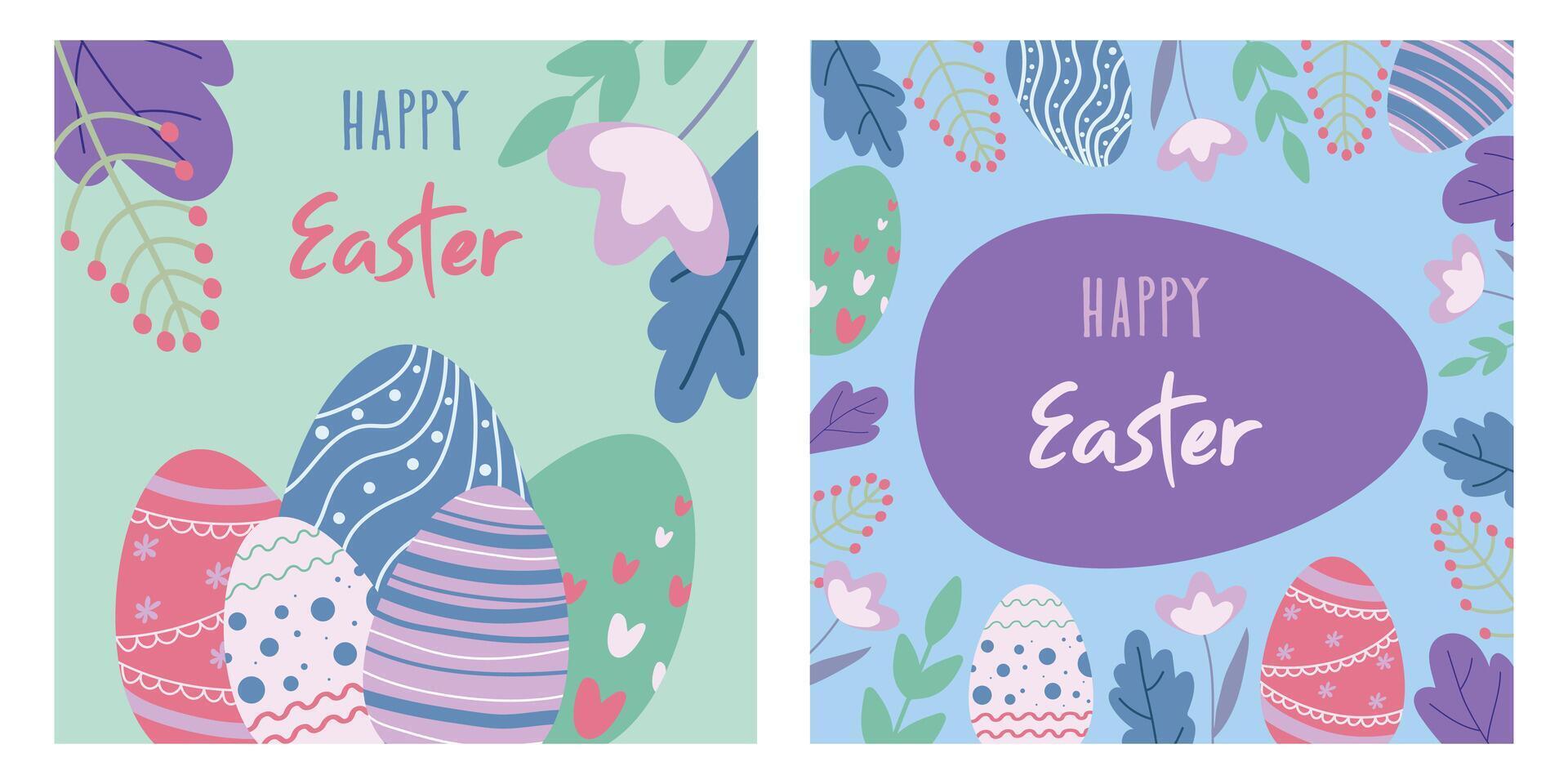 reeks van gelukkig Pasen kaarten. ansichtkaarten met Pasen eieren en bloemen. vector
