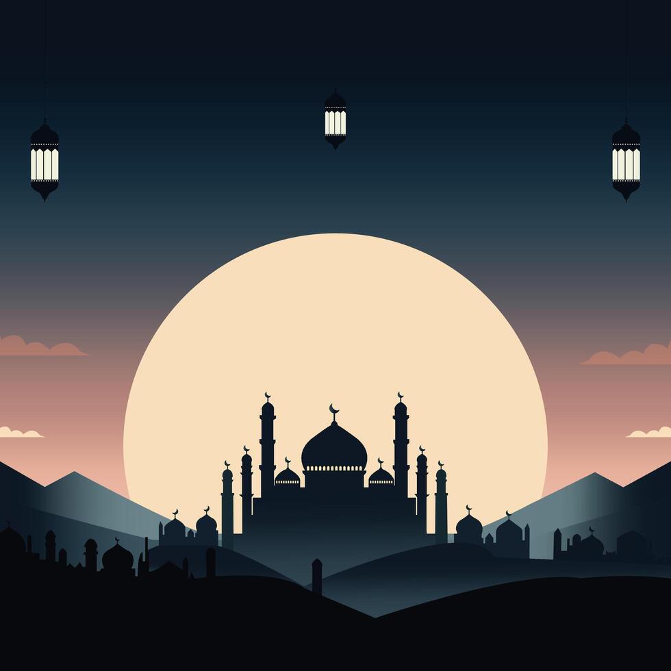 silhouet landschap van moskee met glimmend lucht voor Ramadan ontwerp grafisch in moslim cultuur en Islam geloof. vector illustratie van achtergrond moskee in de nacht voor Islamitisch behang ontwerp