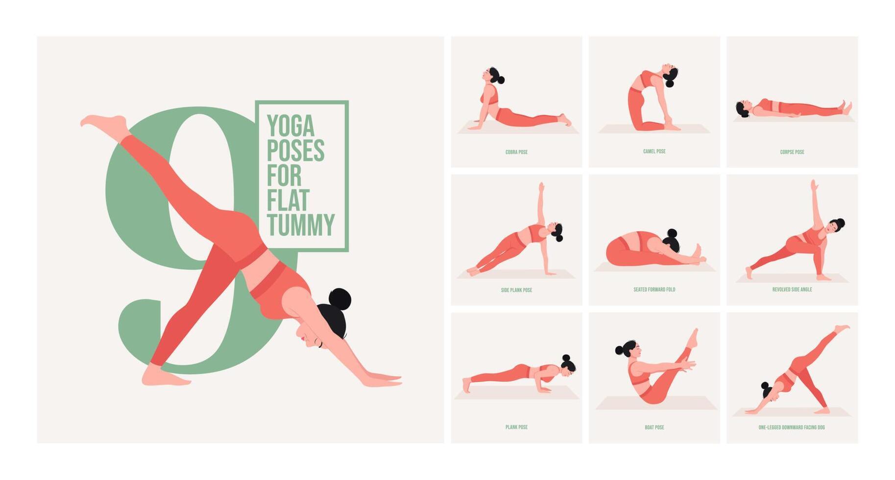 yoga poses voor vlak buik. jong vrouw beoefenen yoga houding. vrouw training fitheid, aëroob en opdrachten. vector illustratie.