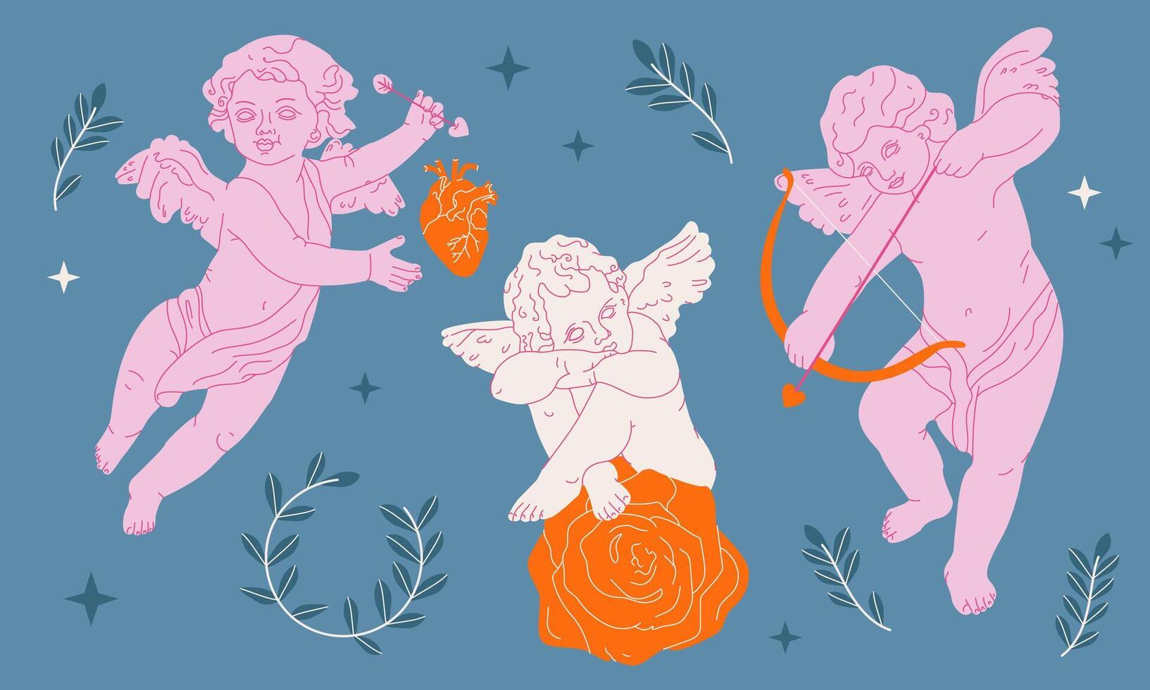 divers vliegend engelen met abstract hart, pijlen, boog, roos collectie.cupids of cherubijnen, krans, harten.sjabloon voor kaart, poster, spandoek, afdrukken vector