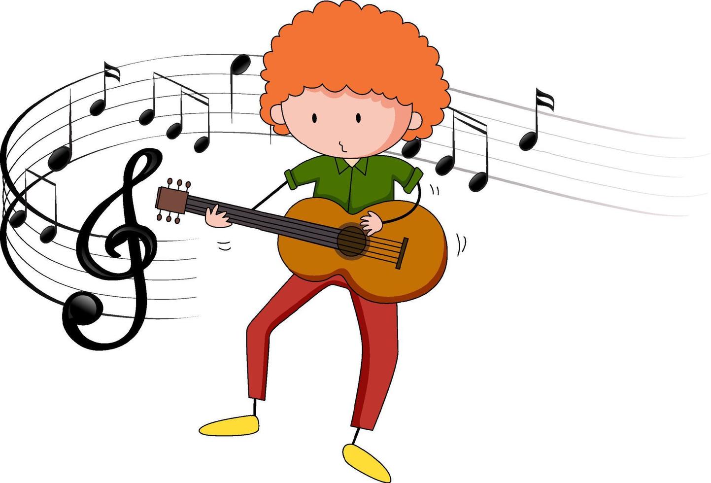 cartoon doodle een jongen die gitaar of ukelele speelt met melodiesymbolen vector