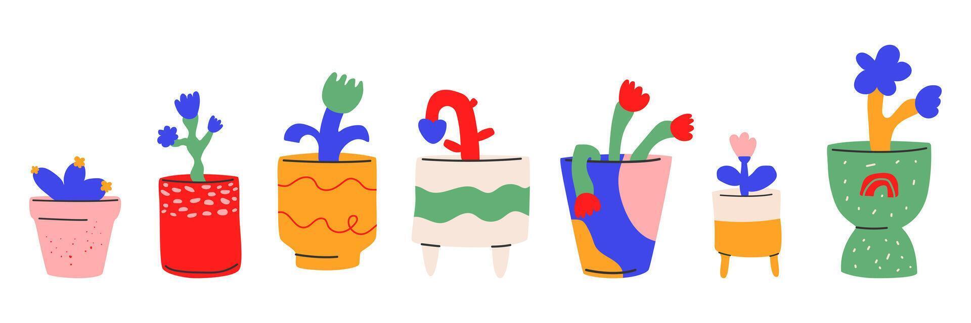 abstract binnen- planten in verschillend keramisch potten.eenvoudig kleurrijk divers huiselijk bloemen in bloempotten.modern pottenbakkerij sjabloon voor ontwerp.vector illustratie eps 10. vector