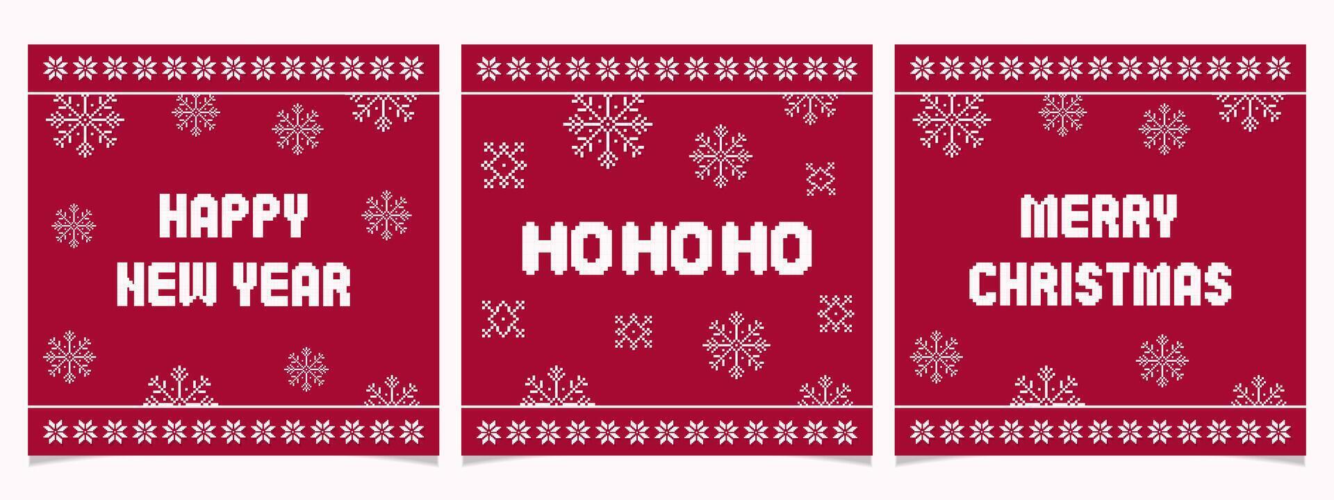 pixel Kerstmis en nieuw jaar kaarten reeks met sneeuwvlokken.gepixeleerd gemakkelijk en modieus winter decoraties. december afdrukken. vector