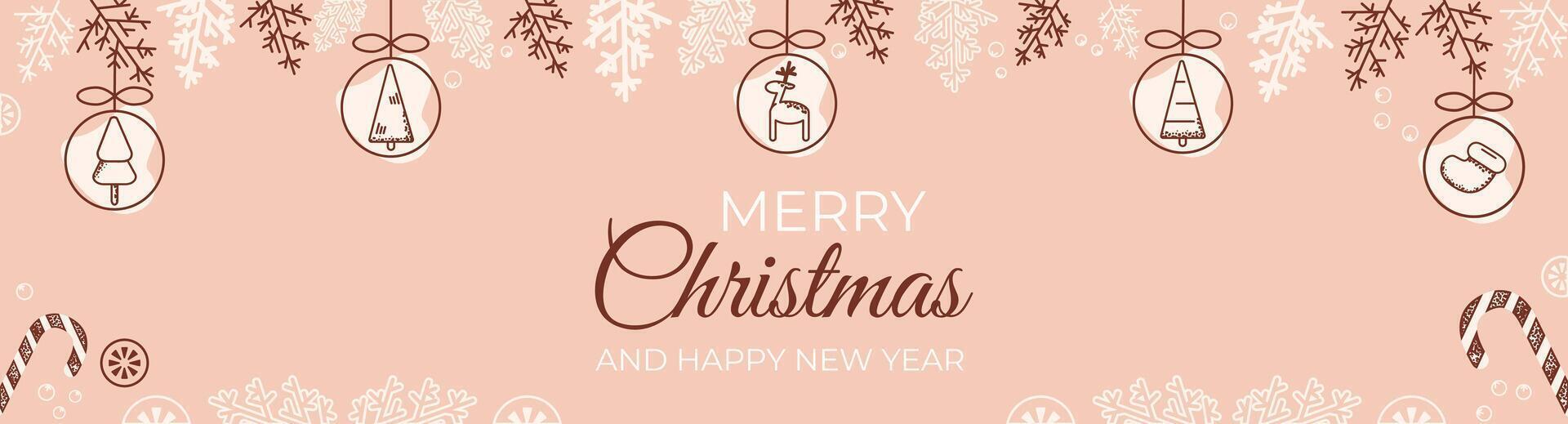 Kerstmis en nieuw jaar banier met Kerstmis ballen, geschenken en Gefeliciteerd in pastel en naakt kleuren. vector vlak illustratie.