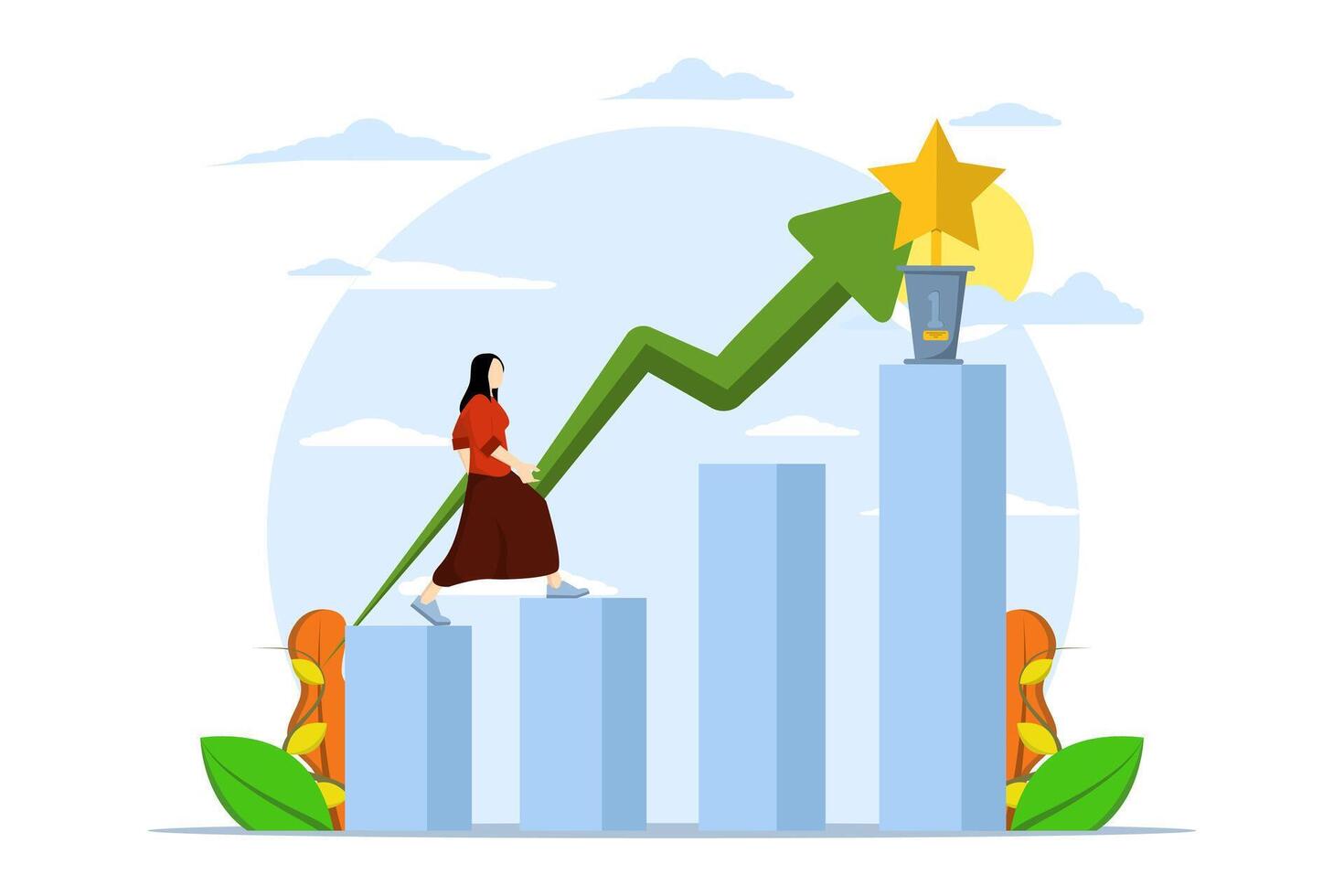 motiverende concept naar aanmoedigen succes, gemotiveerd zakenvrouw wandelen Aan groeit bar diagram voor winnaar trofee, prestatie of prijs motiverend naar verbeteren en succes, winst, prijs herkenning. vector