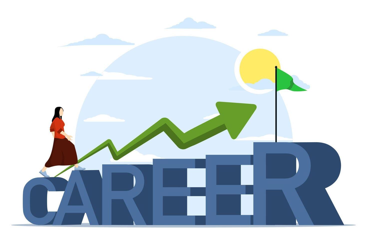 carrière groei of carrière ontwikkeling concept, vrolijk zakenvrouw wandelen met groeit pijl in de woord carrière, toenemen of vooruitgang naar succes in werk, salaris toenemen concept. vector