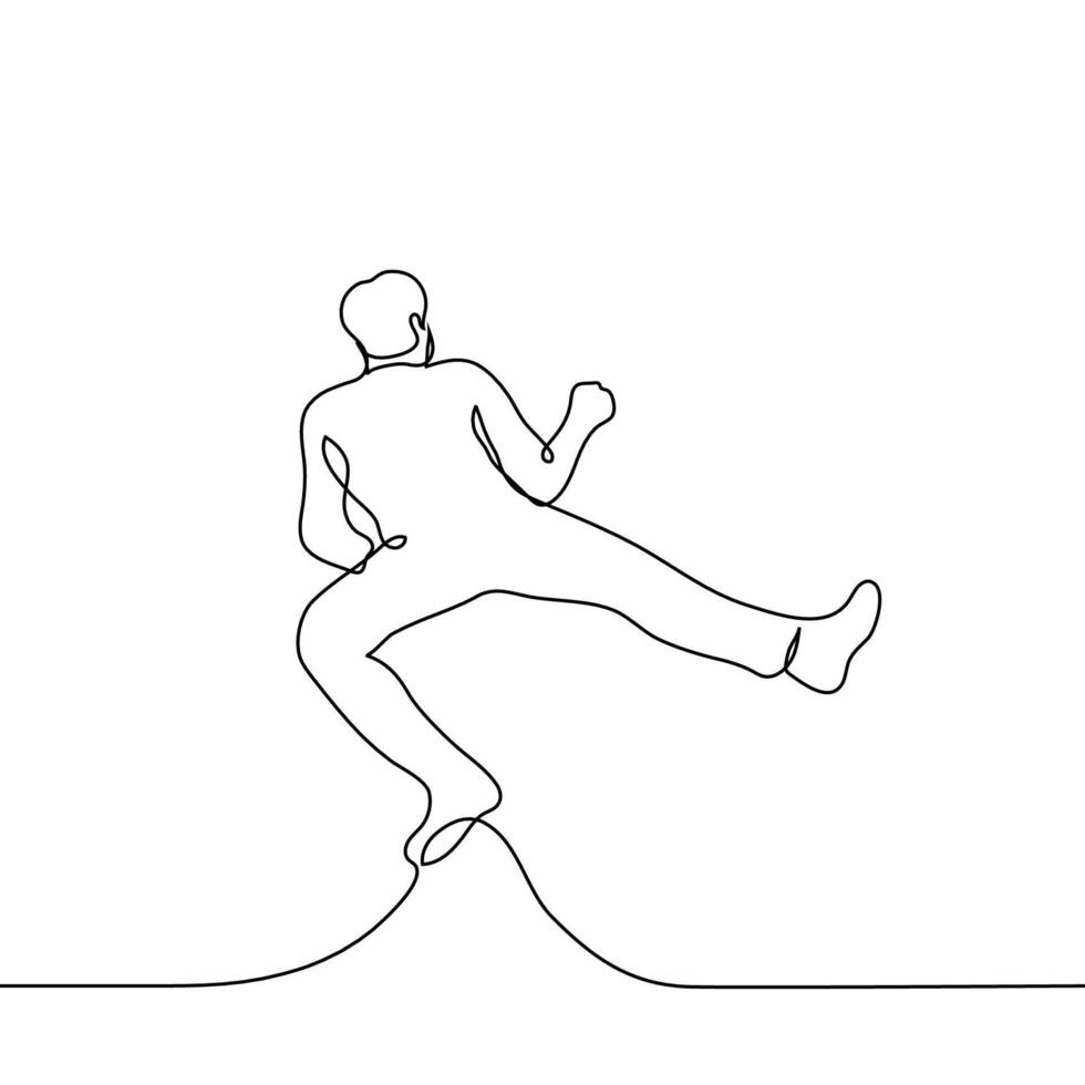 jumping Mens schoppen - een lijn tekening vector. concept taekwondo of kickboksen opleiding vector