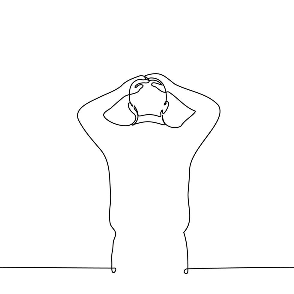 Mens gepakt zijn hoofd met beide handen terwijl staand met zijn terug naar de kijker - een lijn tekening vector. concept schok of wanhoop vector