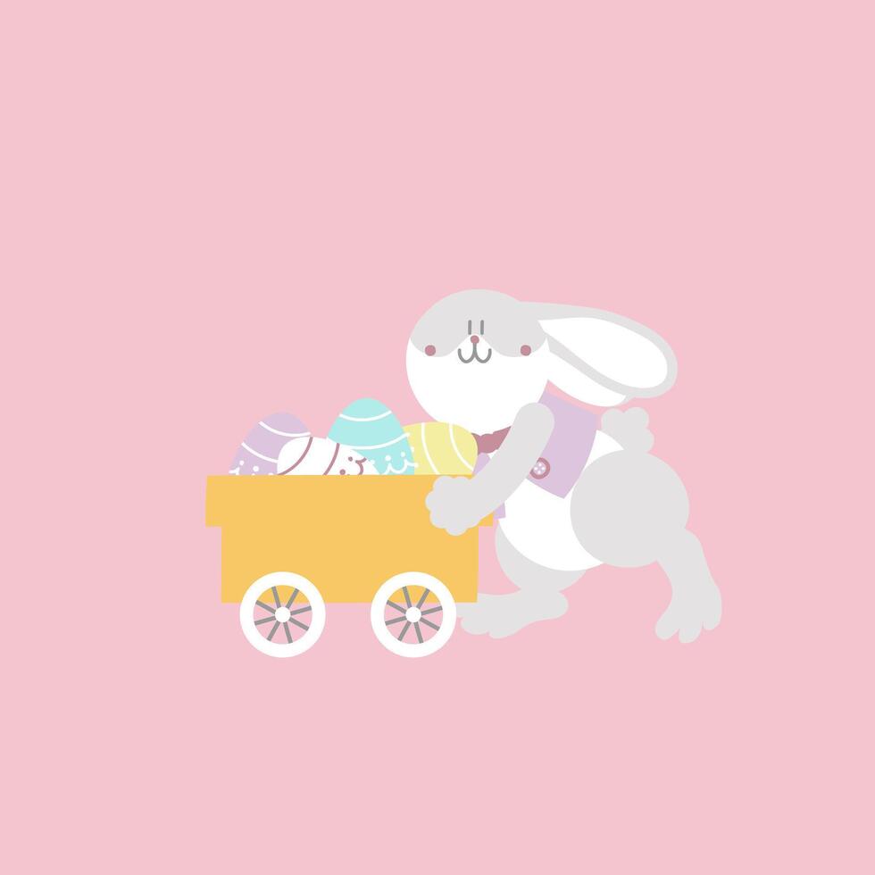gelukkig Pasen festival met dier huisdier konijn konijn, kar en ei, pastel kleur, vlak vector illustratie tekenfilm karakter