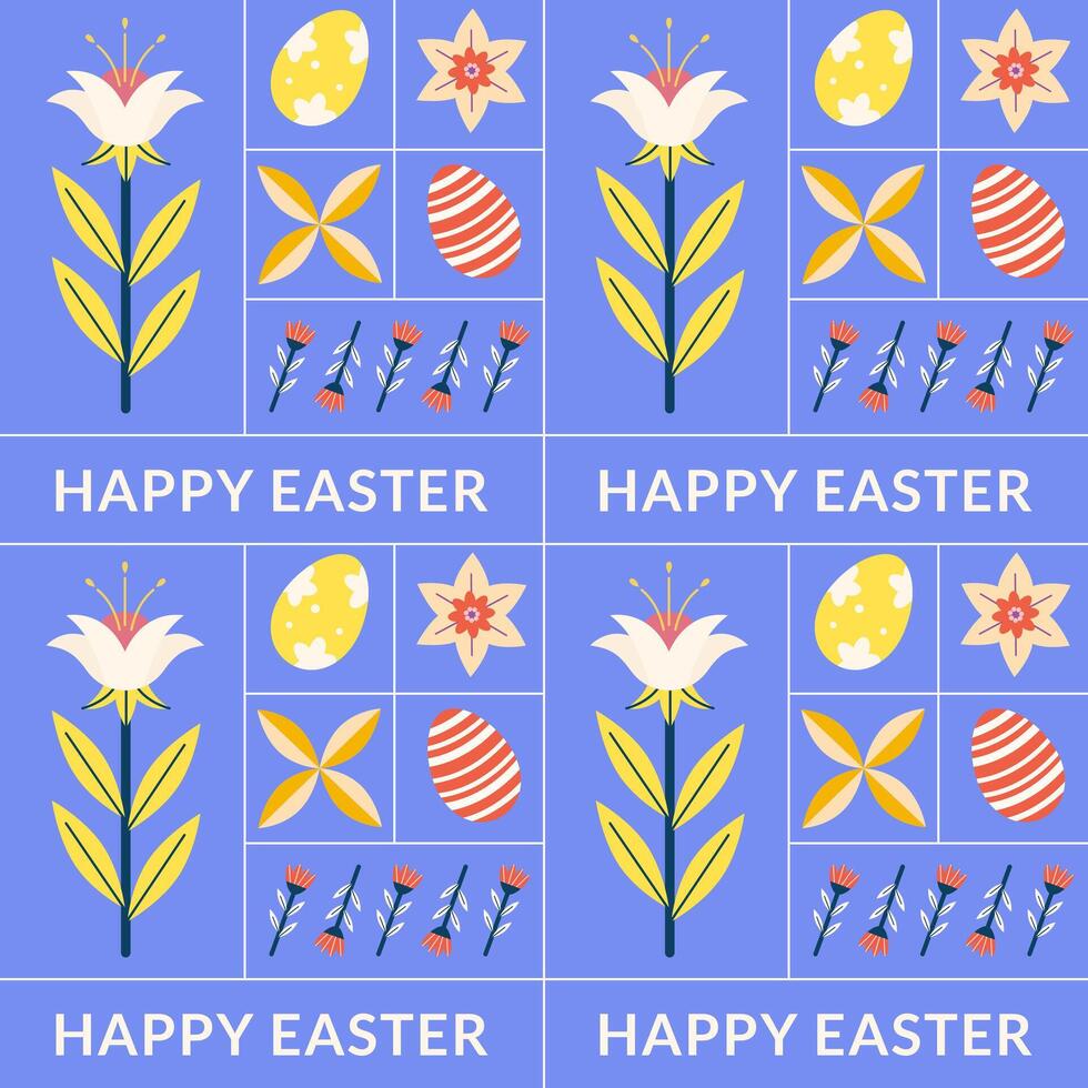 Pasen minimalistische patroon met eieren, bloemen, tekst vector