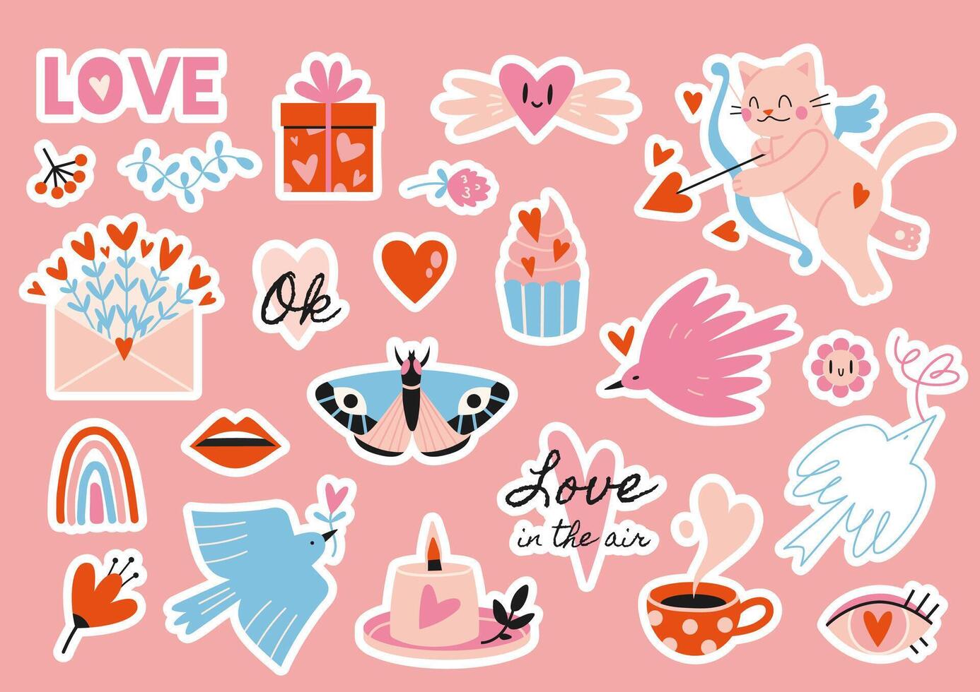 schattig stickerpakket met valentijnsdag dag, liefde thema attributen en modieus belettering, tekenfilm stijl. reeks van stickers voor ontwerper en dagboeken, vector vlak illustratie.