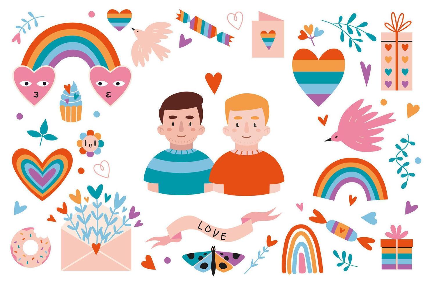 liefhebbend homo paar en divers lgbt romantisch voorwerpen in de omgeving van, tekenfilm stijl. concept van homoseksueel liefde. modieus vector illustratie geïsoleerd Aan wit, hand- getrokken, vlak