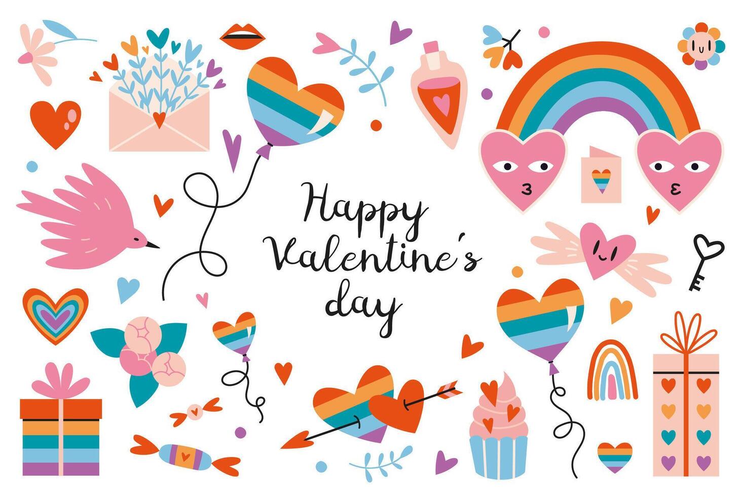 gelukkig Valentijnsdag dag lgbt elementen set. concept van homoseksueel liefde. romantisch voorwerpen Leuk vinden harten, regenboog, tekenfilm stijl. modieus modern vector illustratie geïsoleerd Aan wit, hand- getrokken, vlak