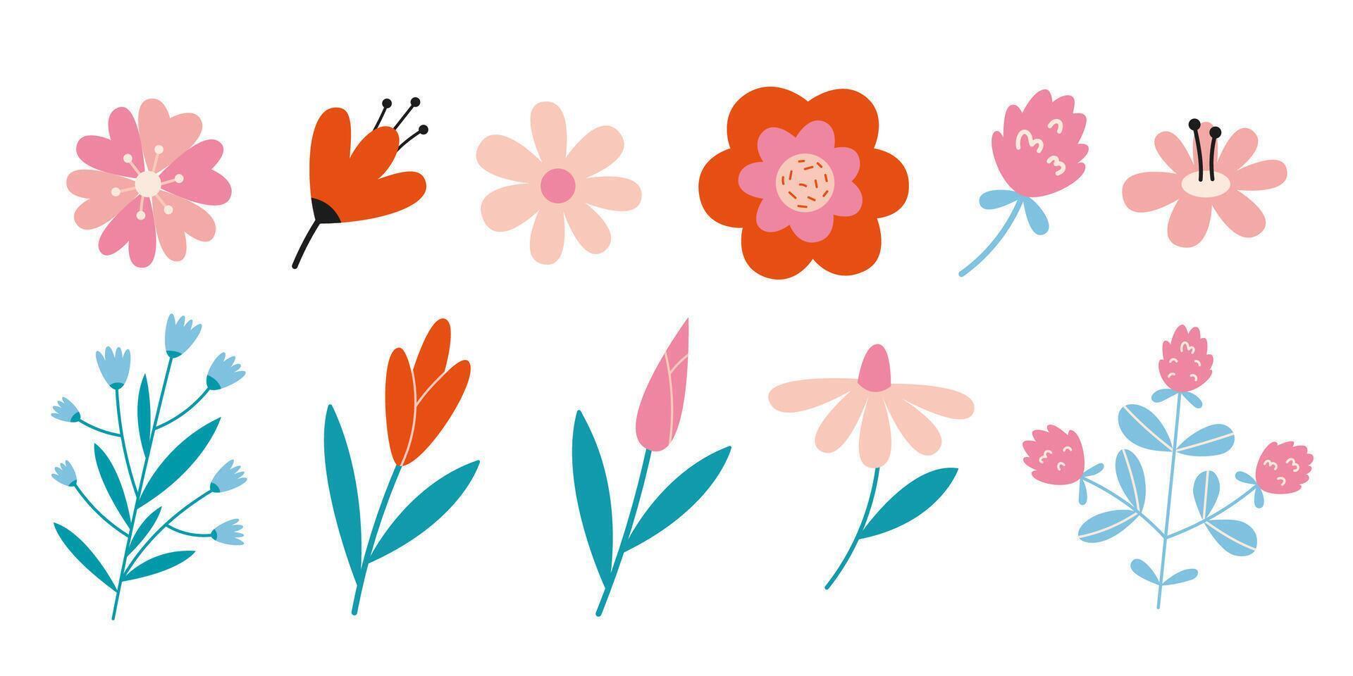 reeks met weide bloemen, tekenfilm stijl. modieus modern vector illustratie geïsoleerd Aan wit achtergrond, hand- getrokken, vlak