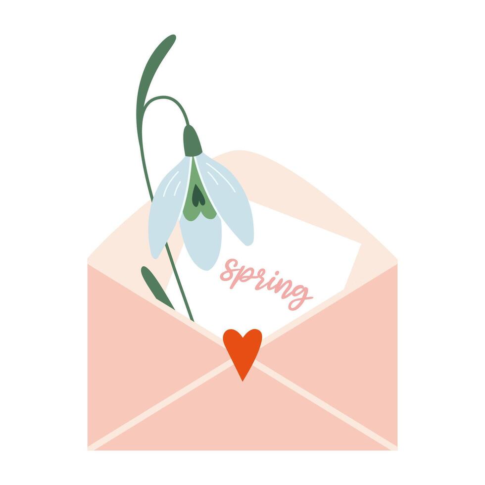 sneeuwklokjes in envelop met harten. eerste voorjaar bloemen, tekenfilm stijl. modieus modern vector illustratie geïsoleerd Aan wit achtergrond, hand- getrokken, vlak