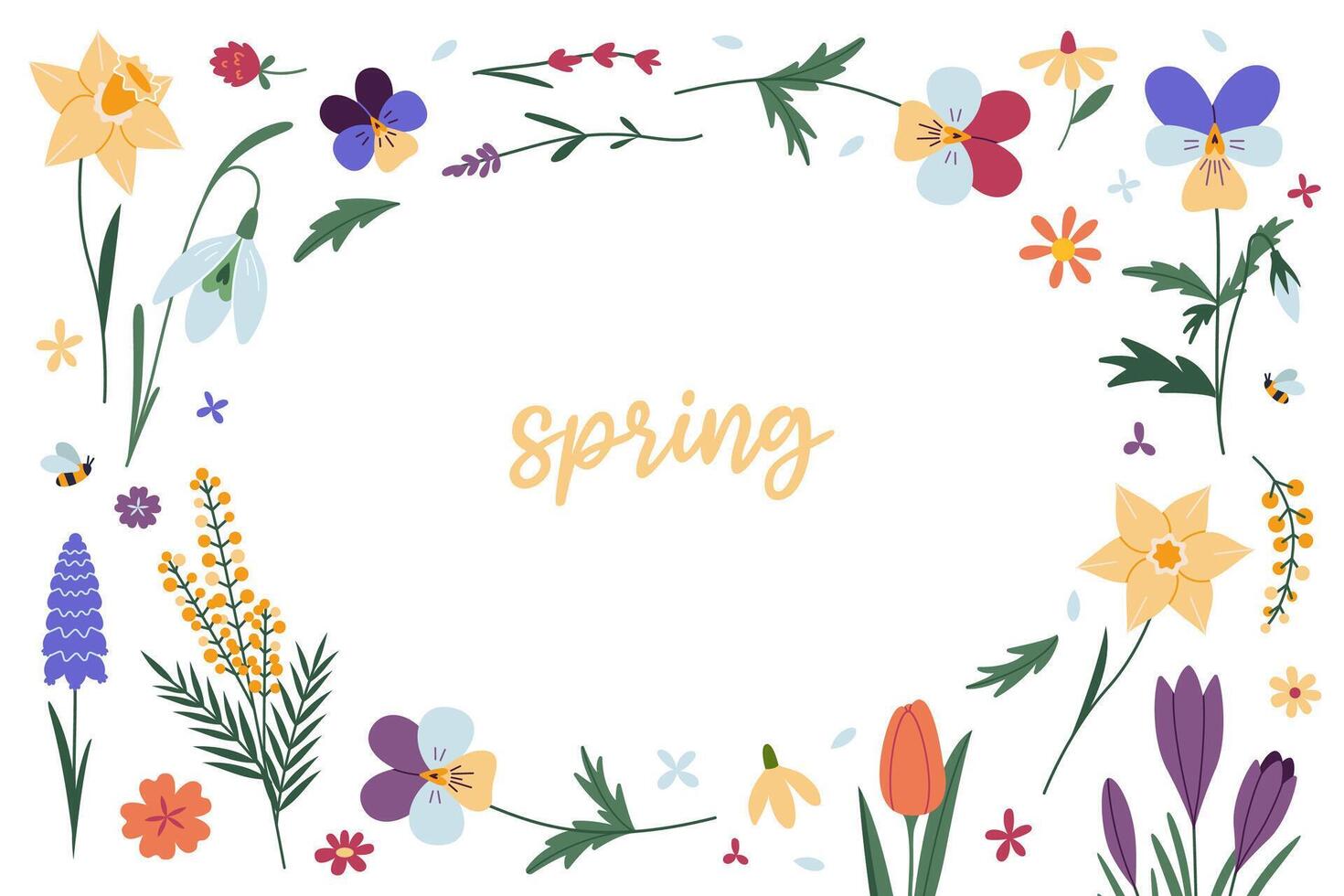 horizontaal kader met divers voorjaar bloemen en ruimte voor tekst. bloemen achtergrond, tekenfilm stijl. modieus modern vector illustratie geïsoleerd Aan wit, hand- getrokken, vlak